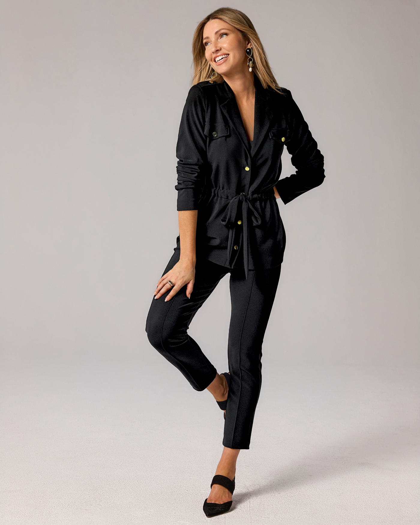 Beyond Travel Belted Utility Jacket and Pintuck Pant Set Jet Black