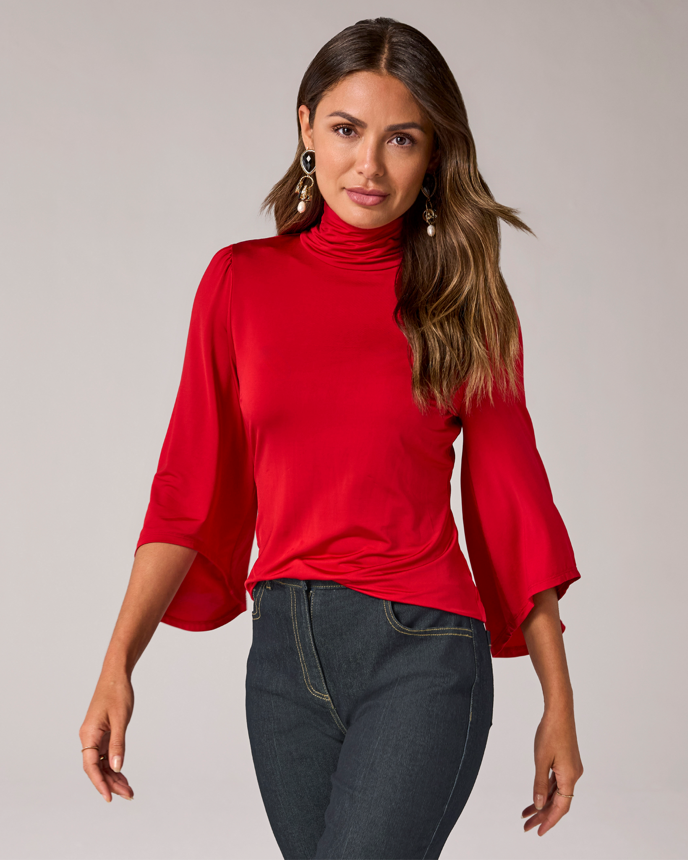 Ruched Flare Sleeve Turtle Neck Tomato Red