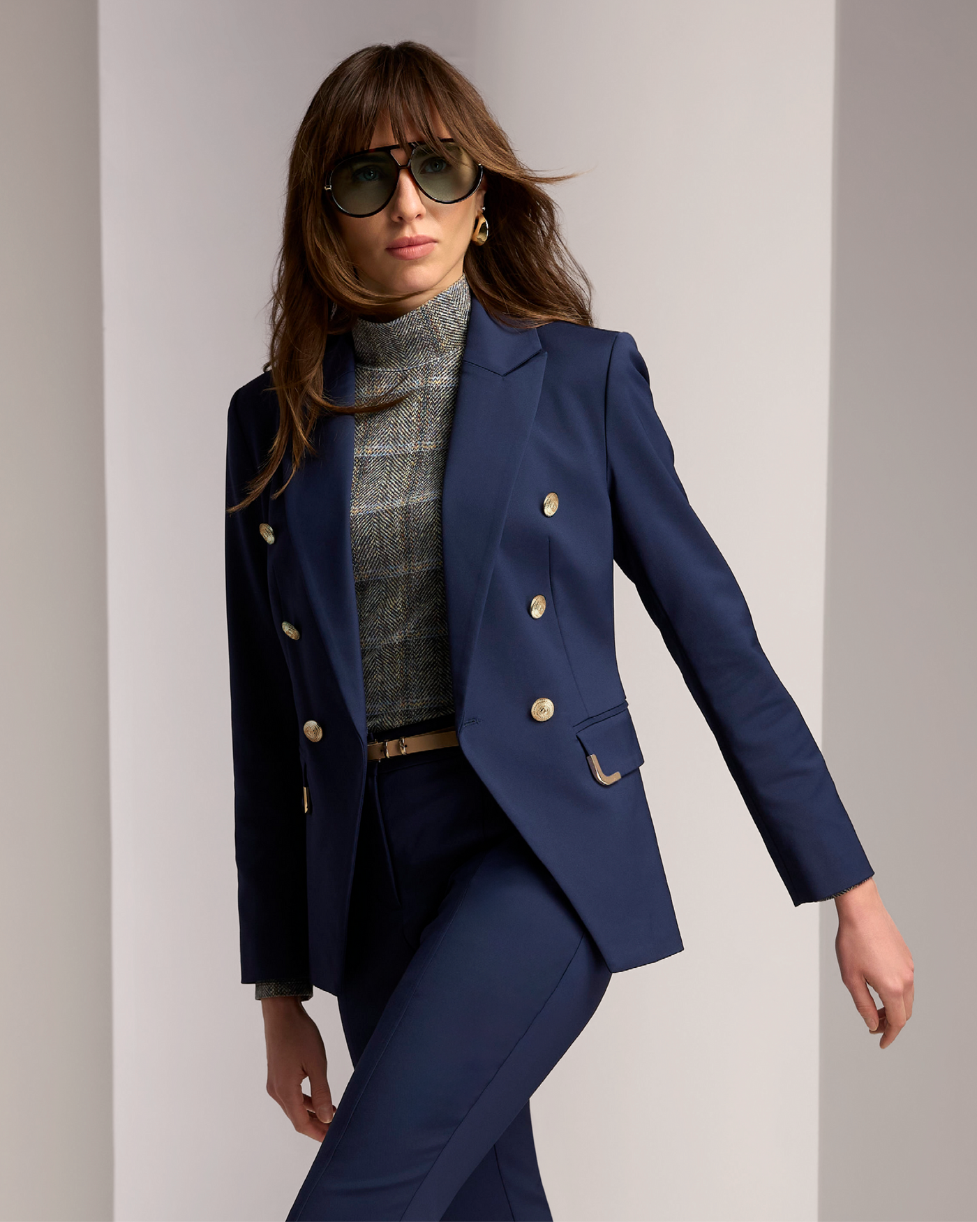 Hardware Trimmed Double Breasted Modern Blazer Navy