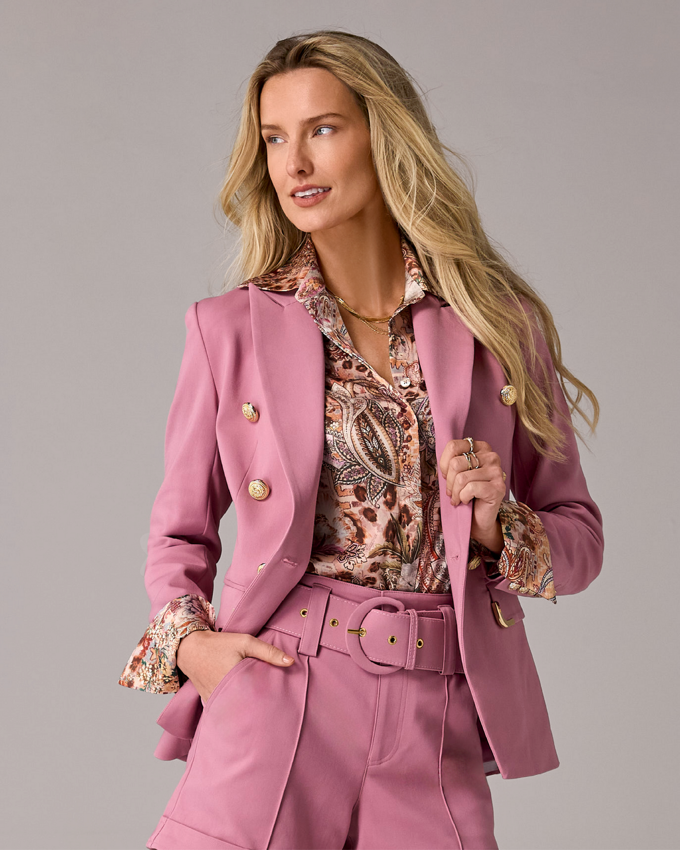 Hardware Trimmed Double Breasted Modern Blazer Foxglove