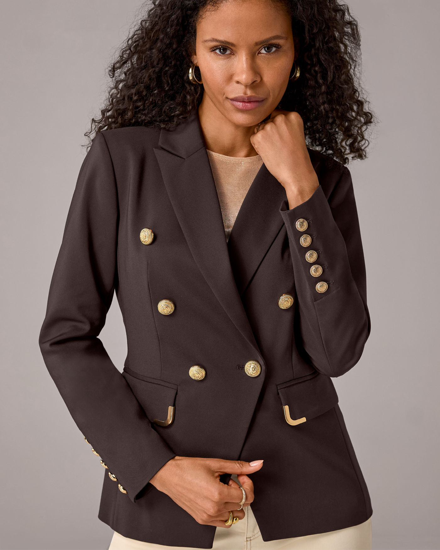 Hardware Trimmed Double Breasted Modern Blazer Chocolate Torte