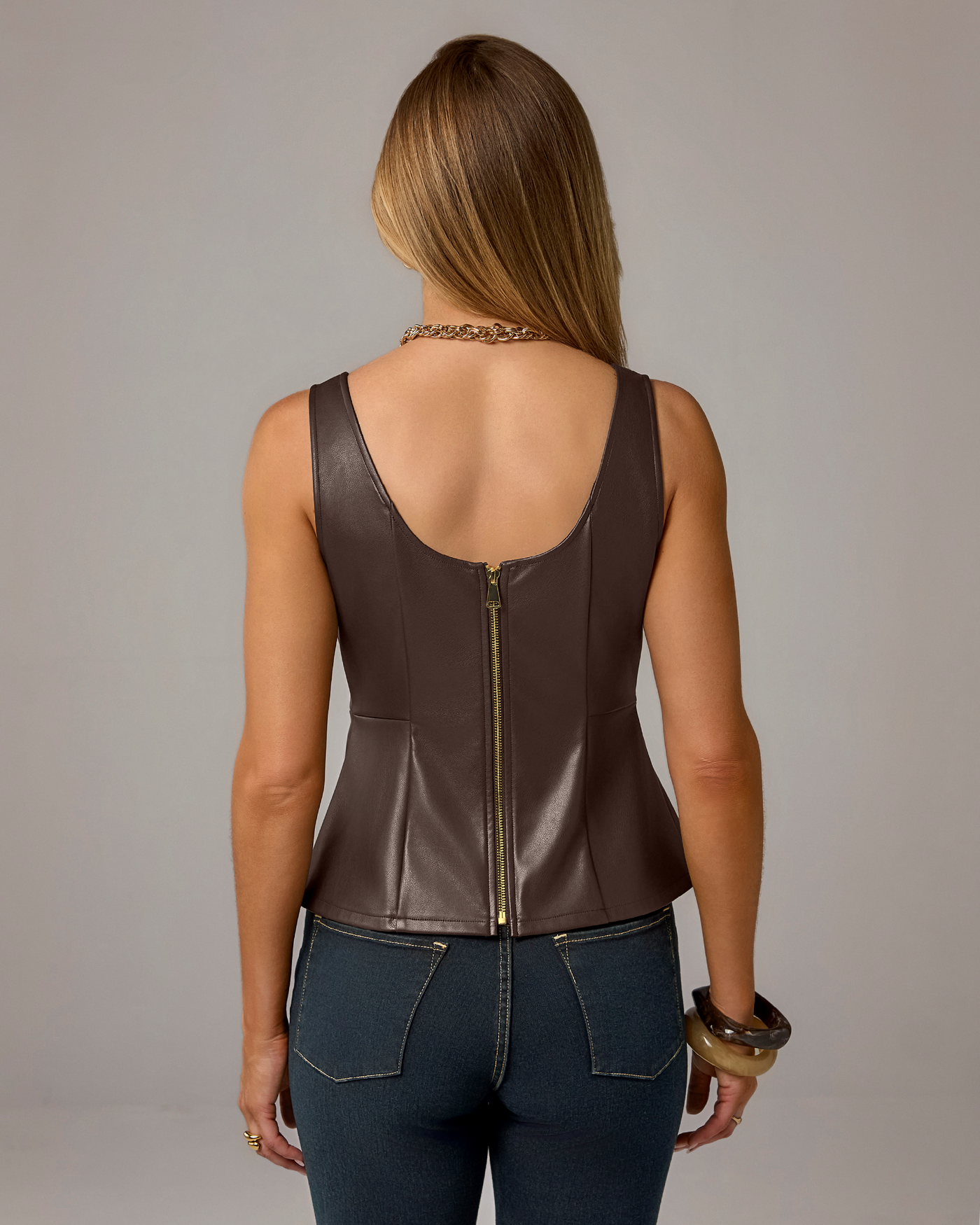 Studded Faux Leather Peplum Top - Chocolate Torte – Boston Proper