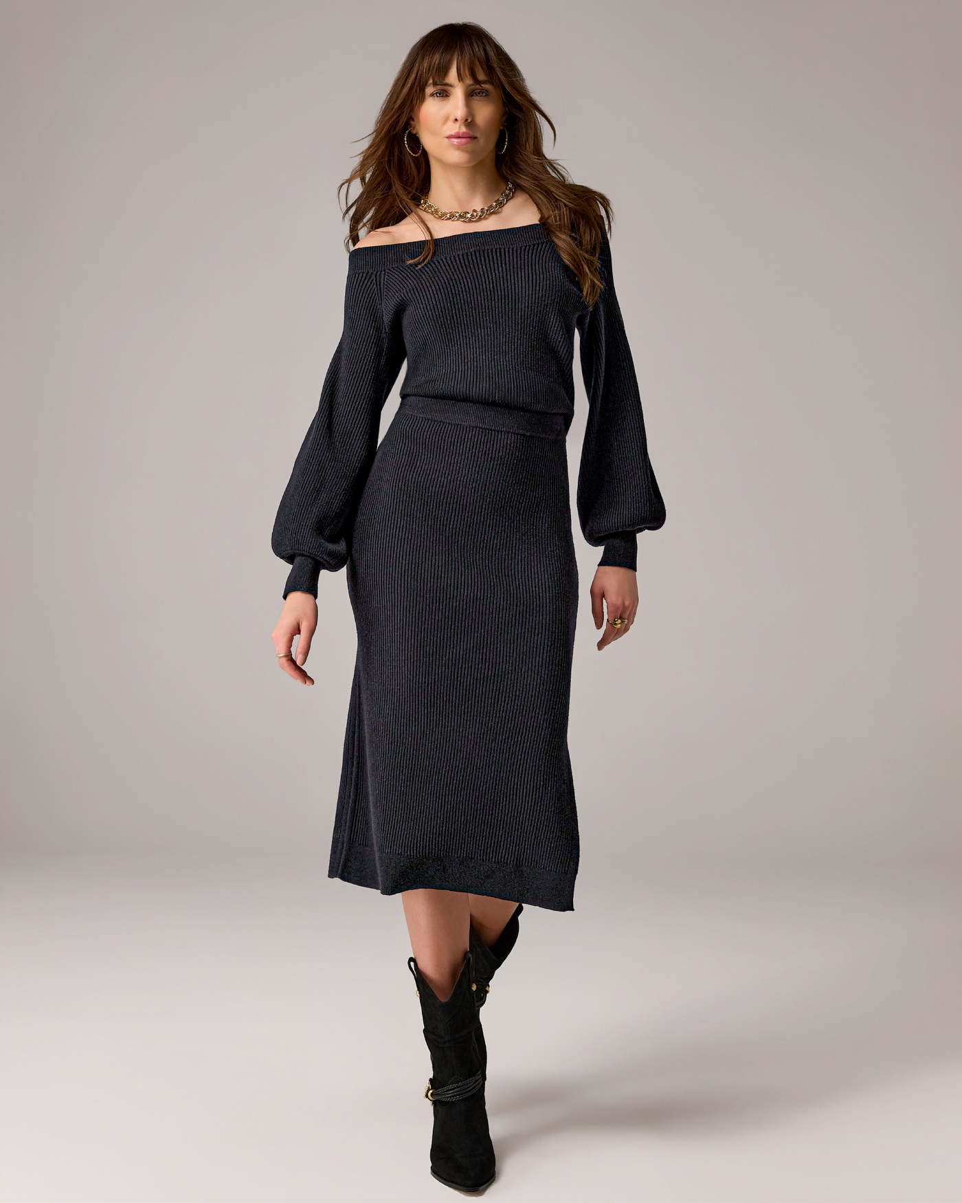 Slouchy Rib Sweater Midi Dress Black
