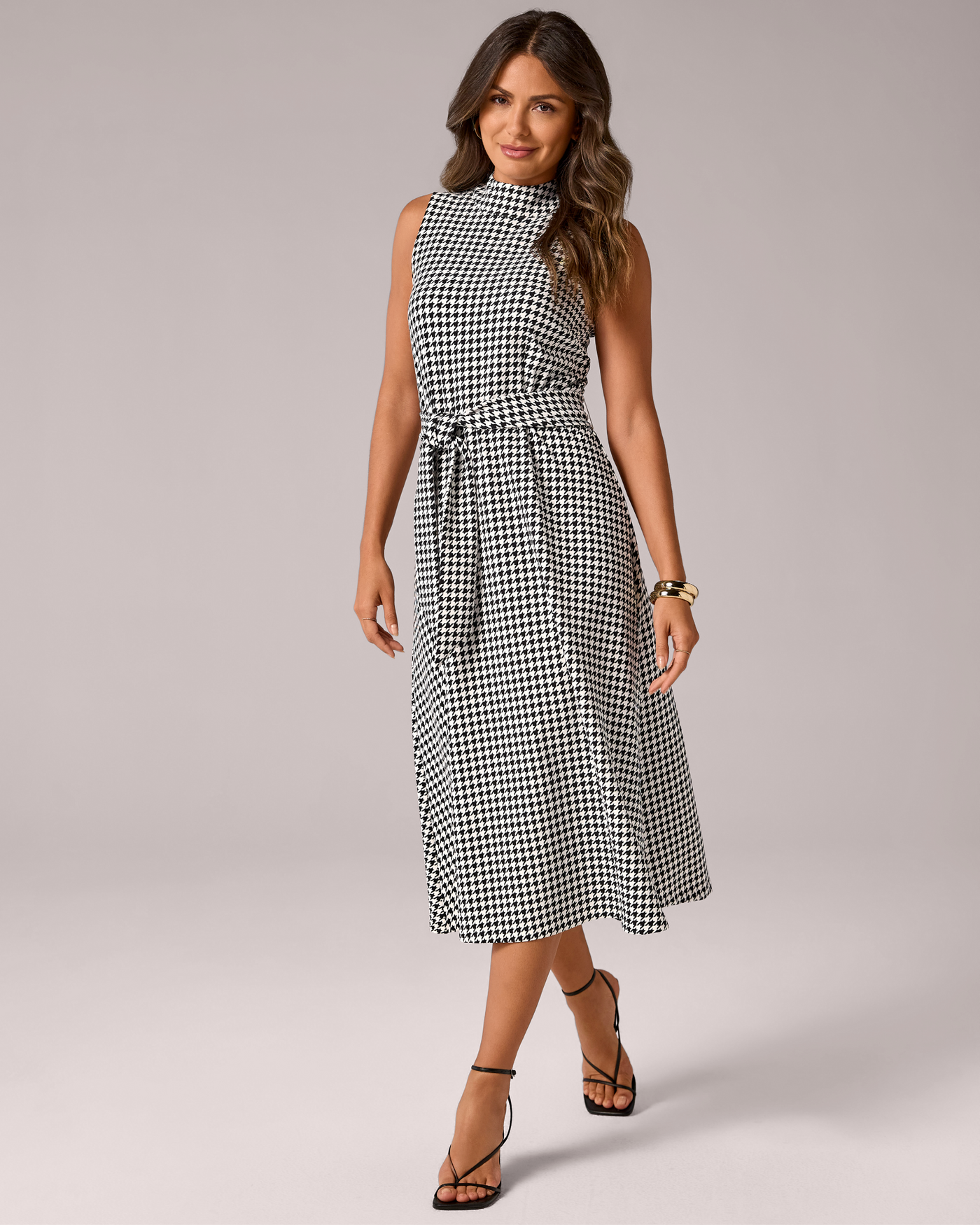 Beyond Travel Houndstooth Mock Neck Midi Dress Fashion Houndstooth
