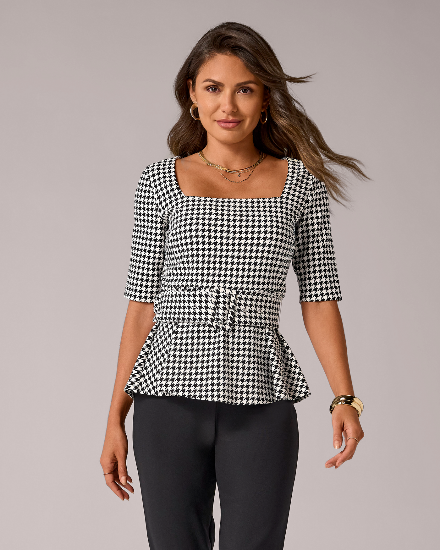 Beyond Travel houndstooth Belted Peplum Top Fashion Houndstooth