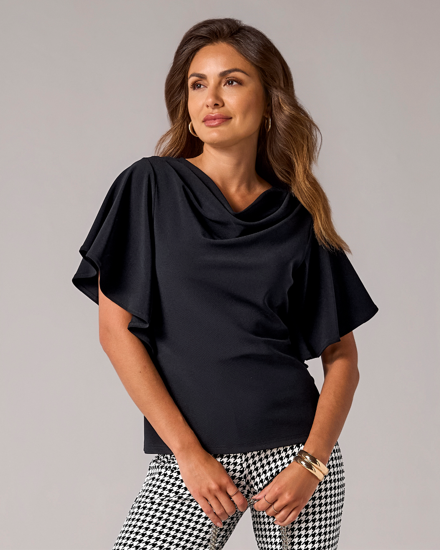 Beyond Travel Draped Short Sleeve Top Jet Black