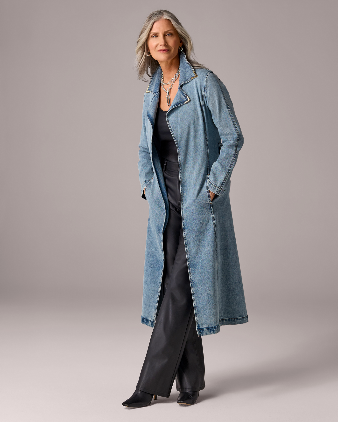 Denim Trench with Gold Tipping Medium Wash