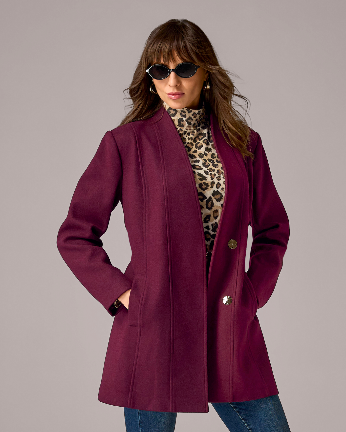 Collarless Self Tie Coat Wine