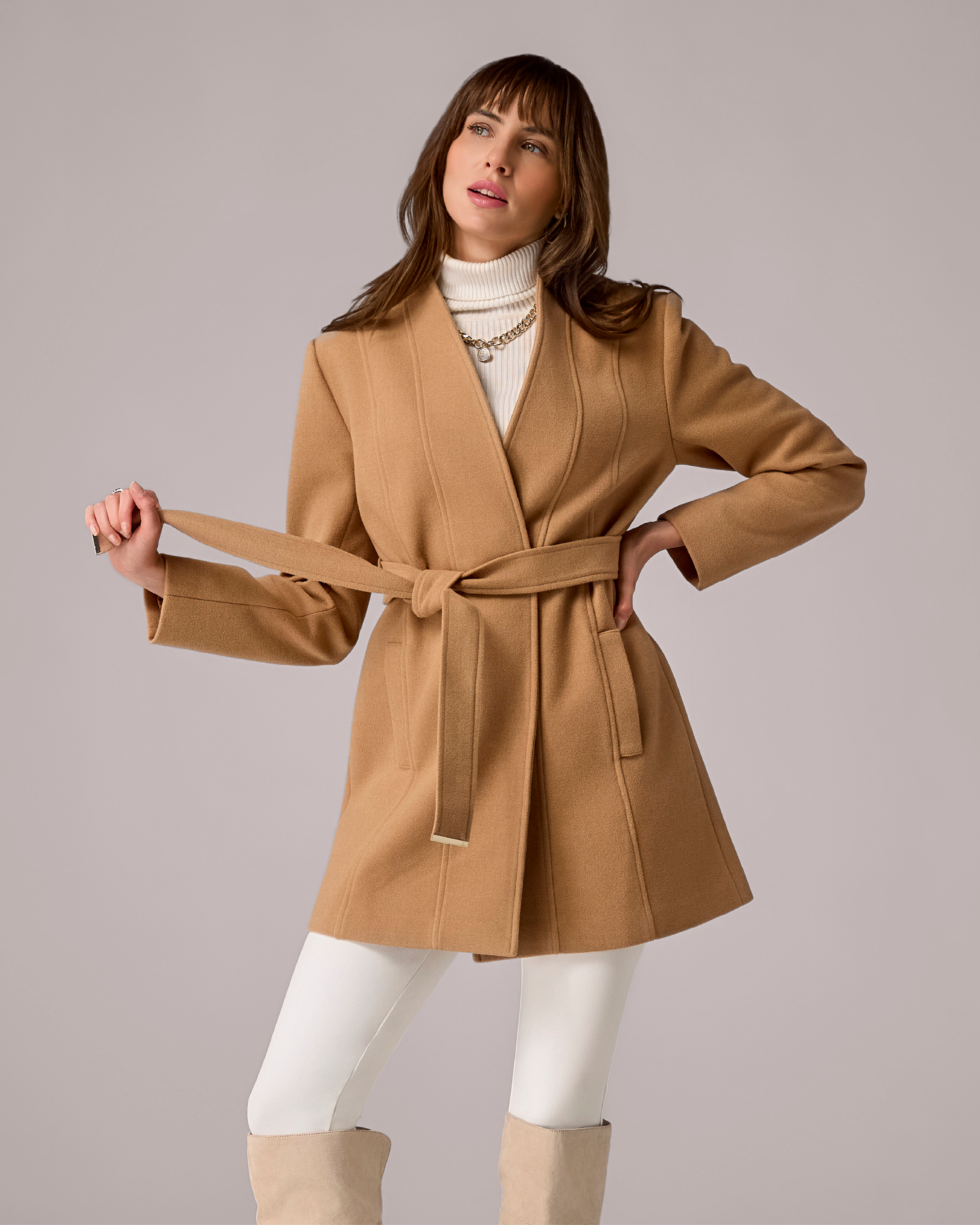 Boston Proper - Tobacco Brown - Collarless Self Tie Coat - 2