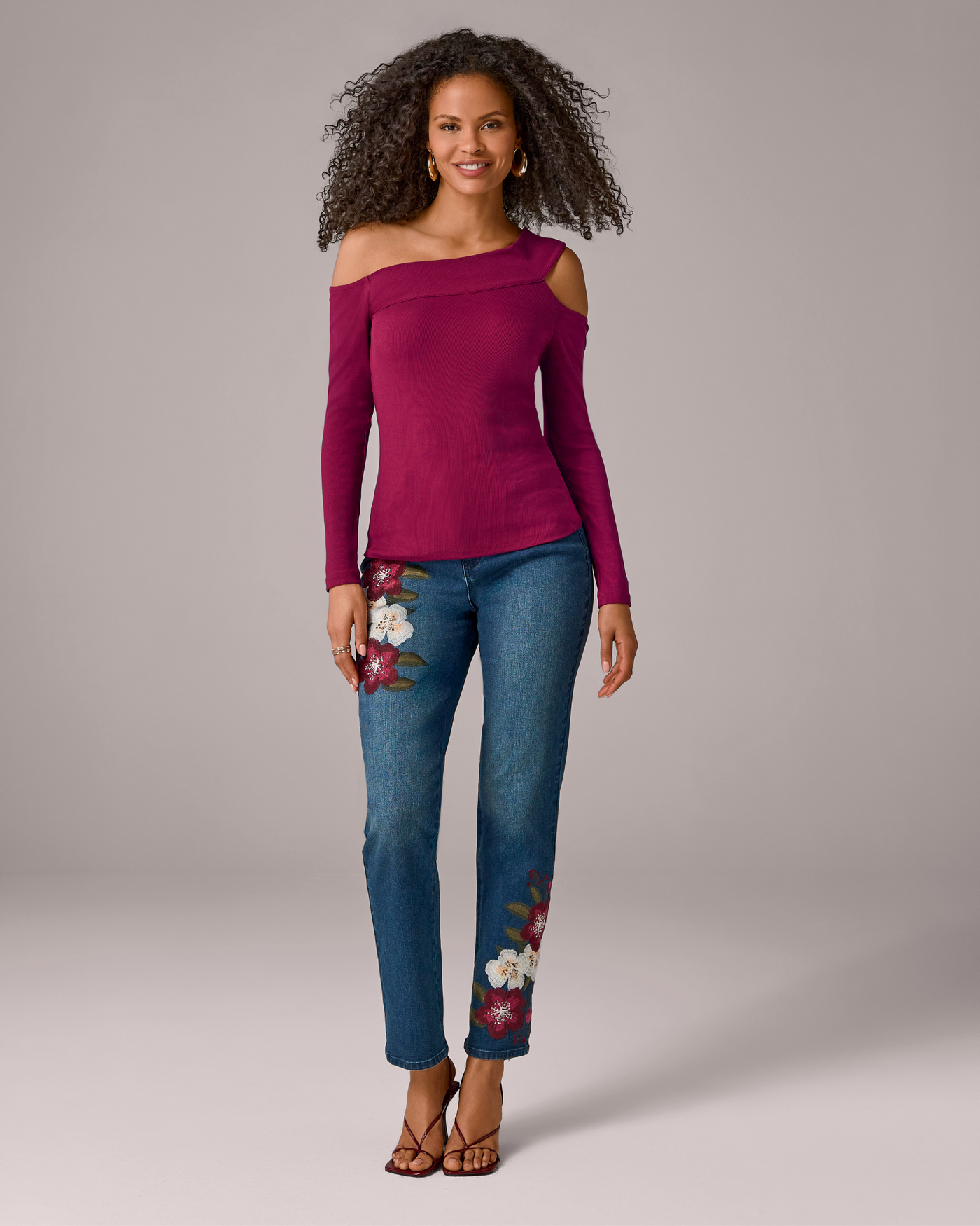 Floral Embroidered Slim Straight Leg Jean Medium Wash