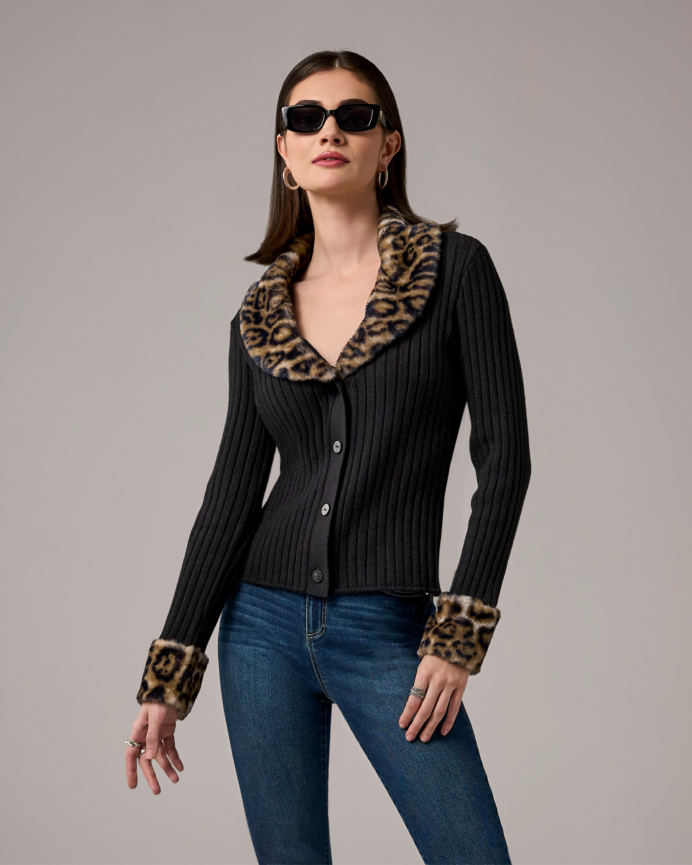 Button Front Faux Fur Trimmed  Cardigan Black/Leopard