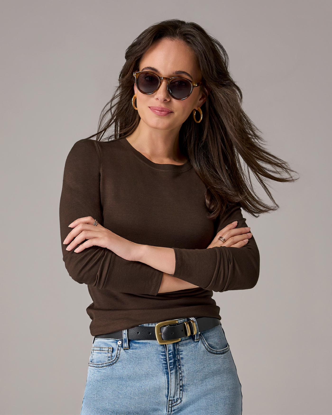Long Sleeve Crew Neck T Shirt Safari Brown