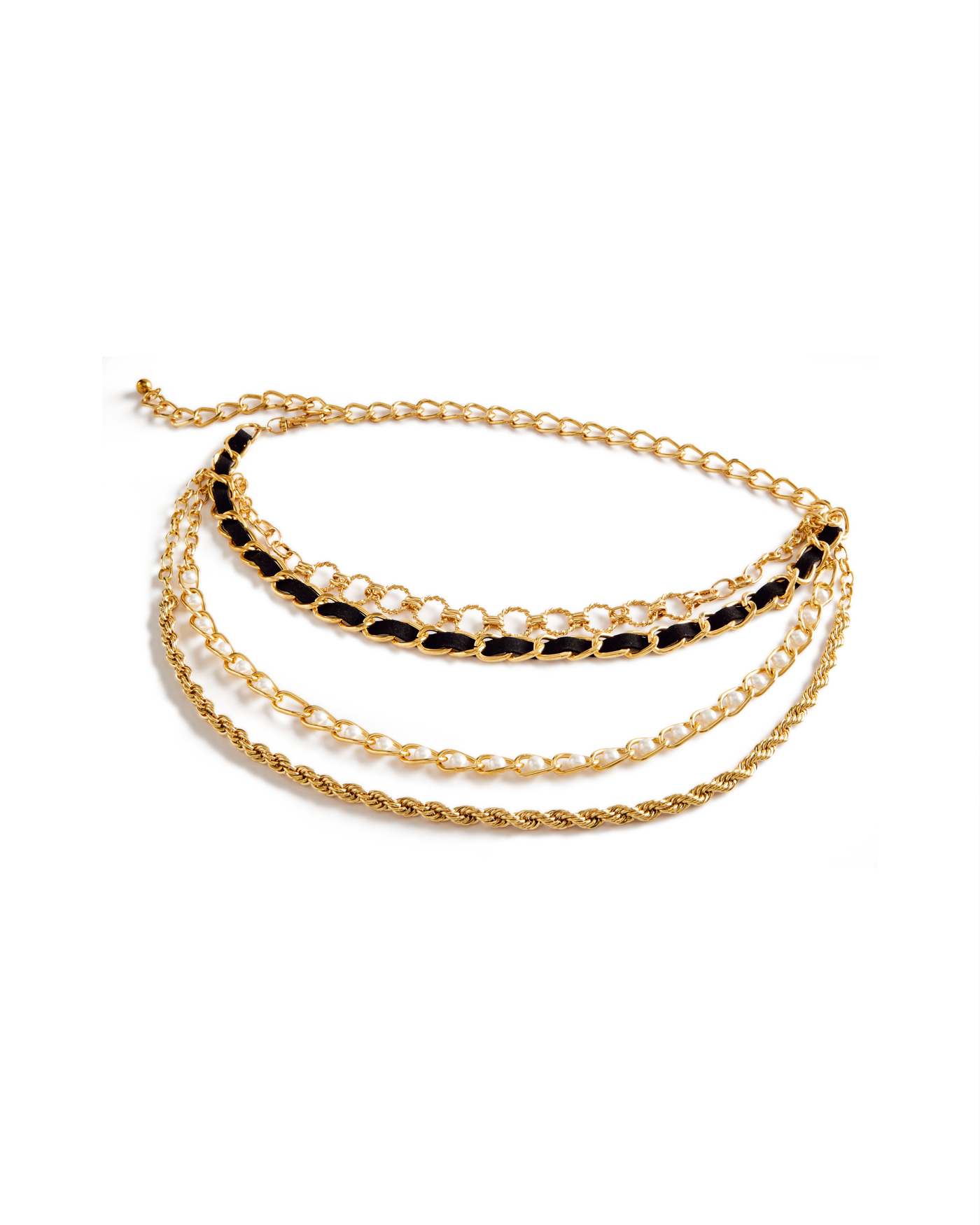 Pearl and Black Detail Chain Belt Gold