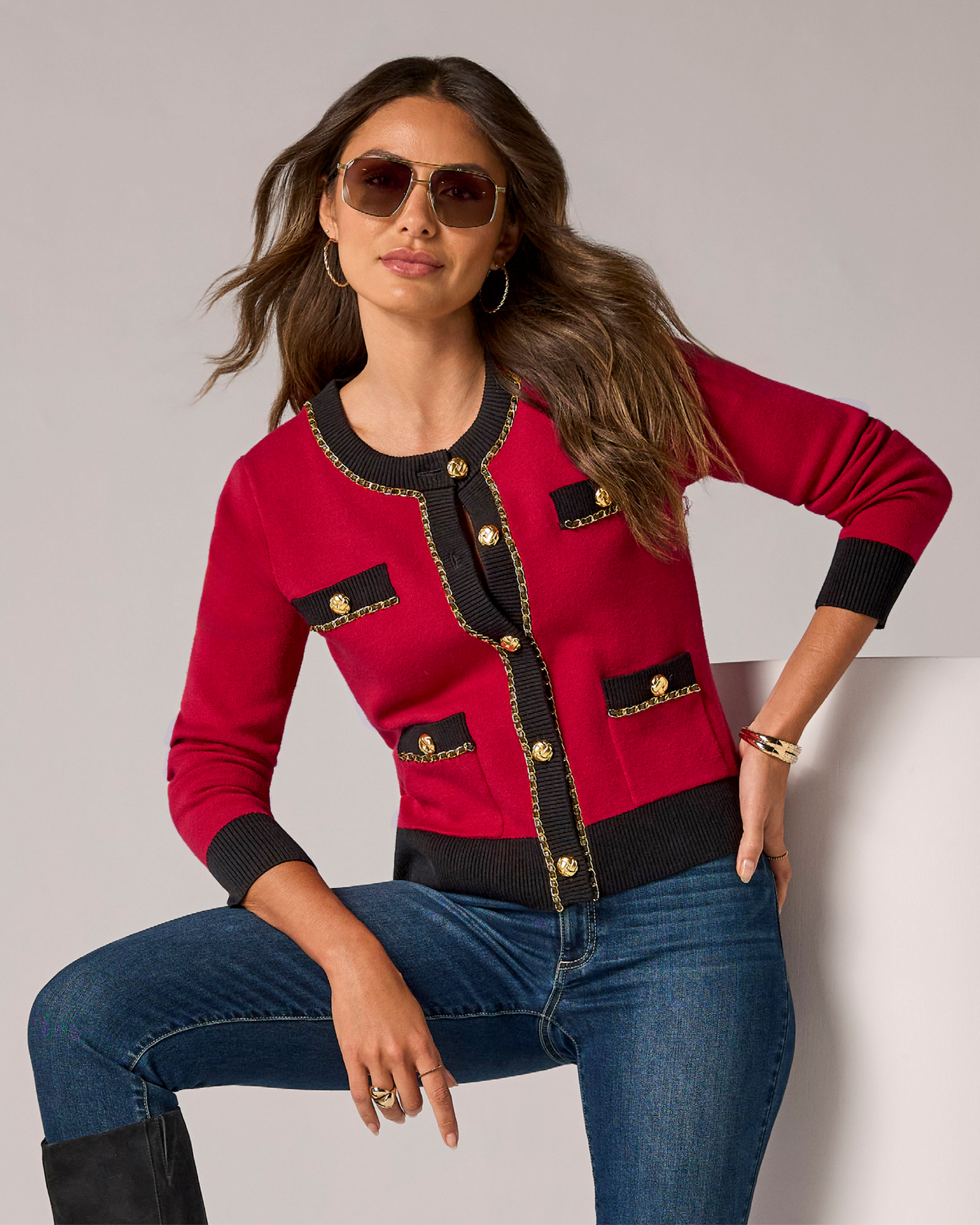Colorblock Chain Detail Button Front Cardigan French Kiss