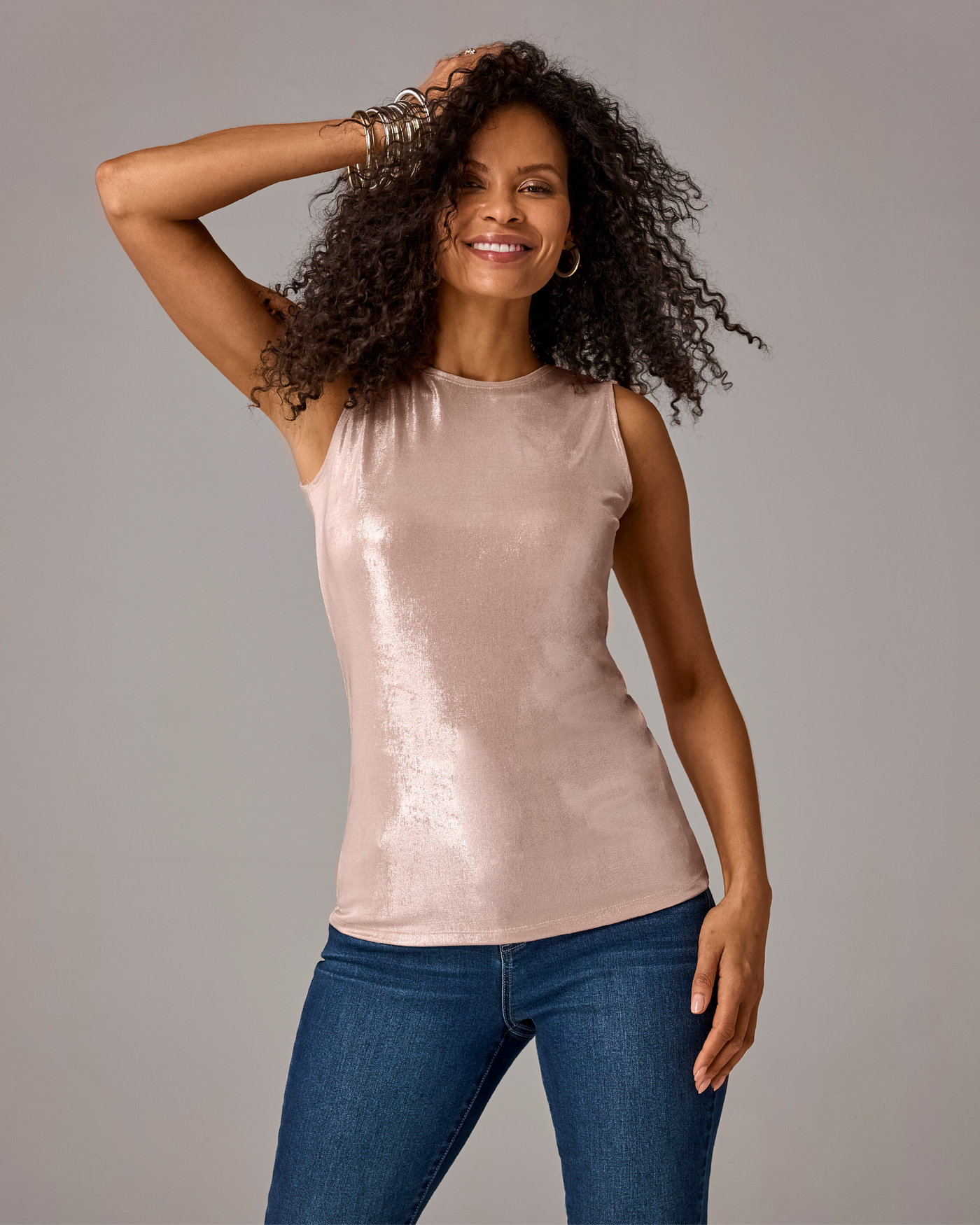 Metallic Slinky High Neck Tank Top Rose