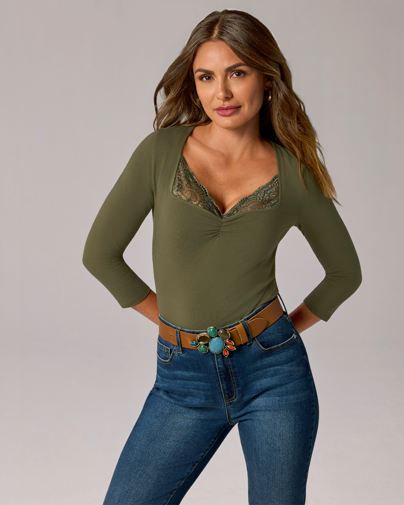 Lace Trimmed Knit Three Quarter Sleeve Olive Night