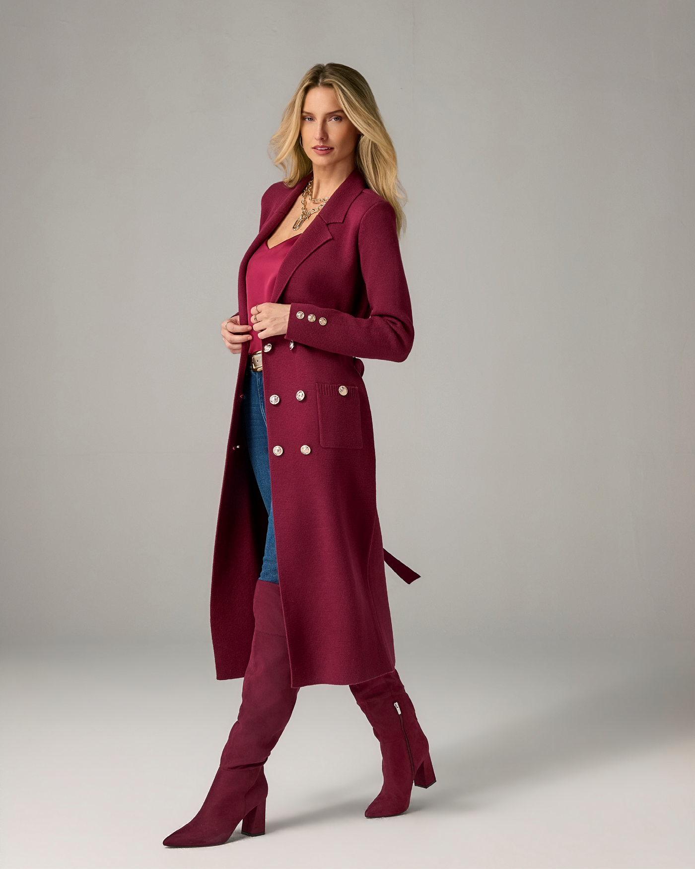 Crest Button Double Breasted Sweater Duster Port