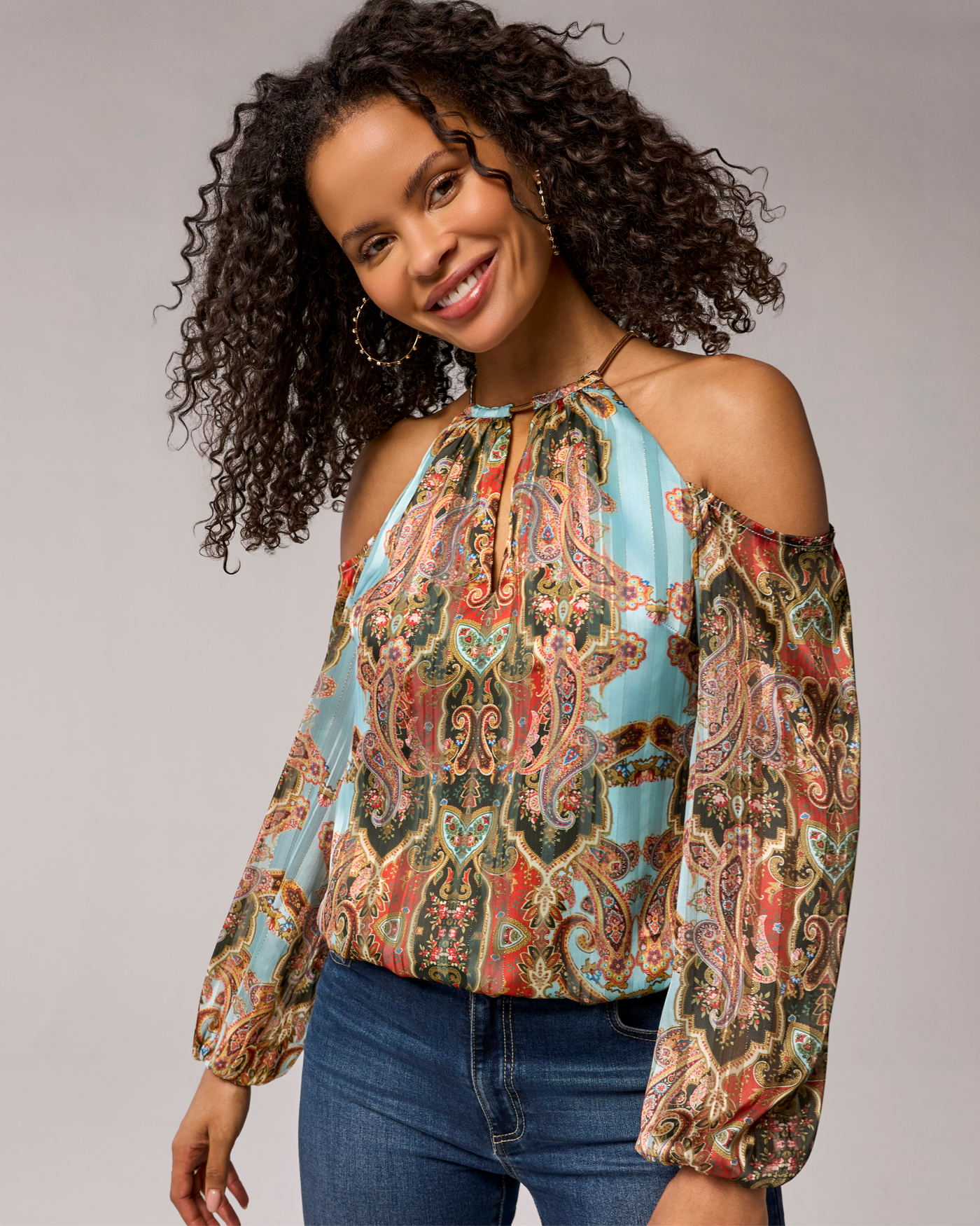 Printed Halter Keyhole Cold Shoulder Blouse Bohemian Scroll