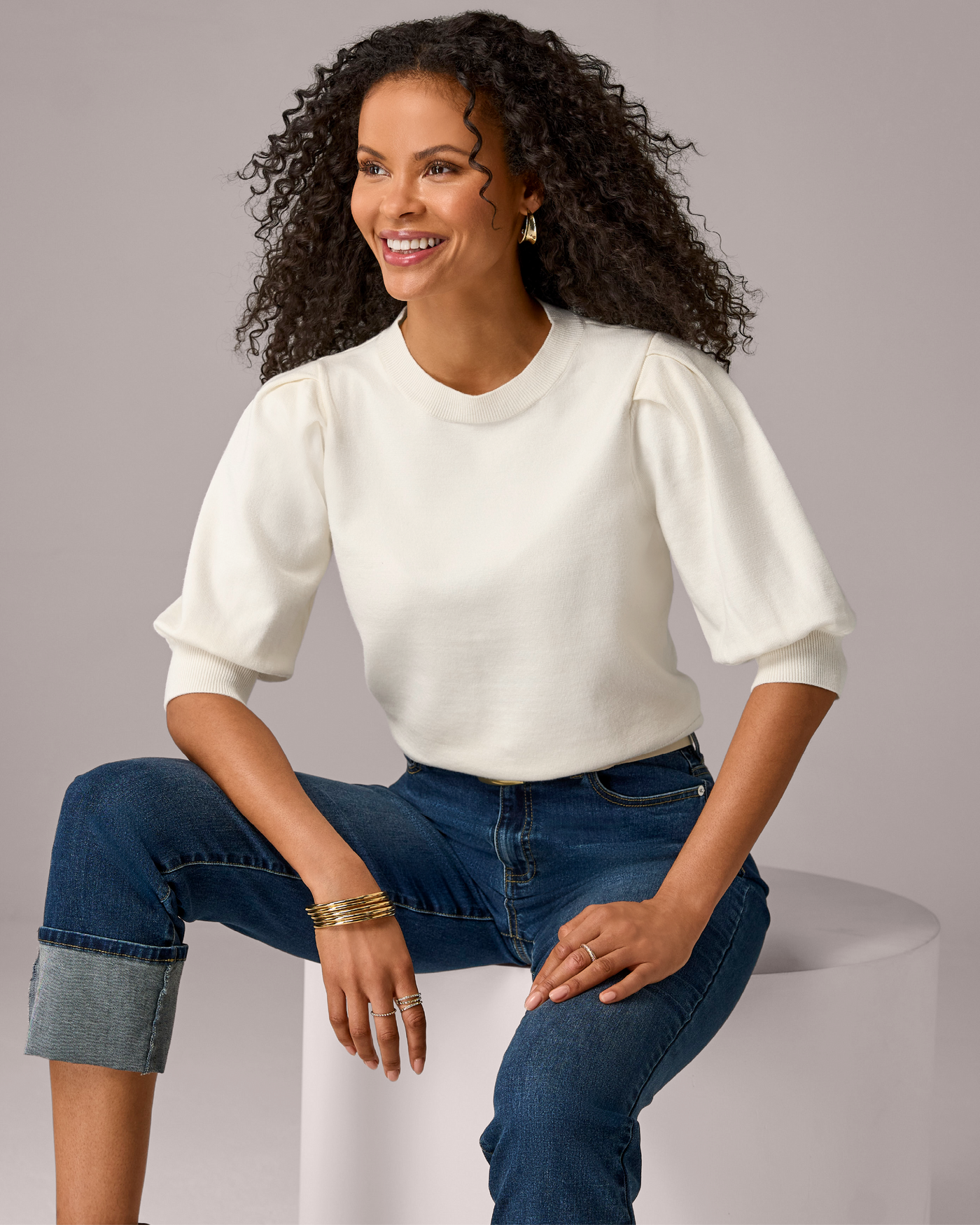 Puff Elbow Sleeve Sweater Top Off White