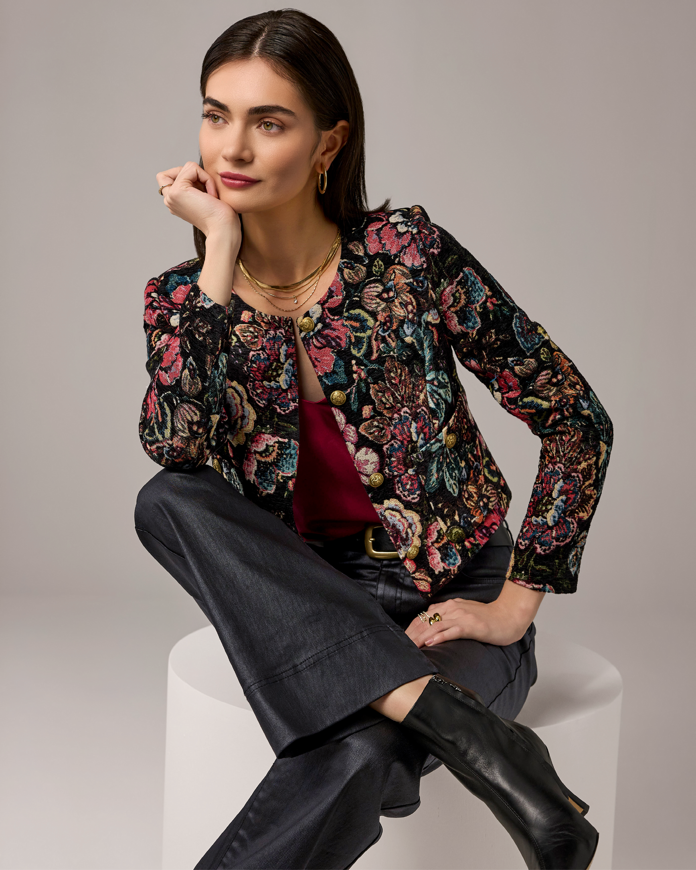 Jacquard Crest Button Lady Jacket Black Multi