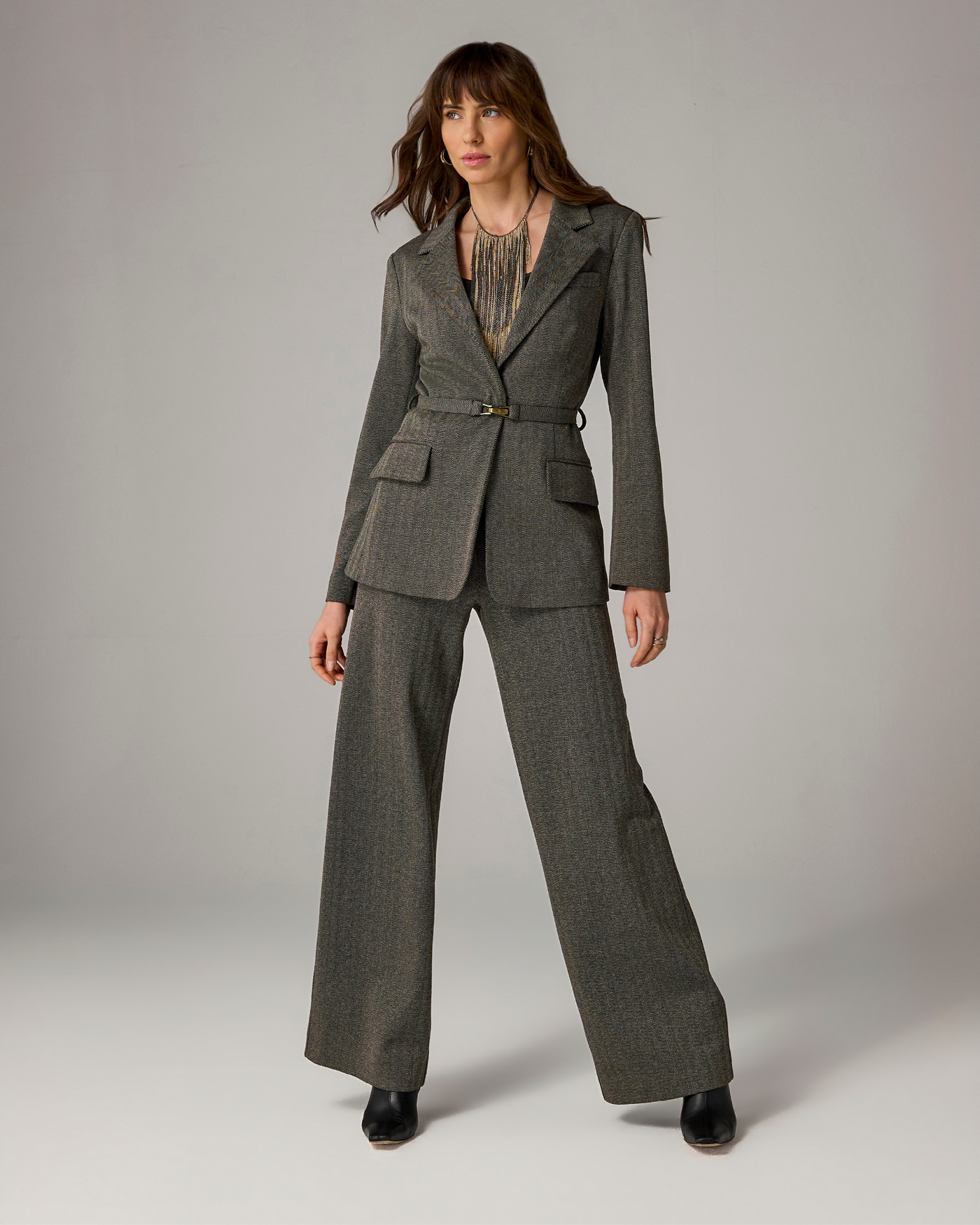 Stretch Jacquard Herringbone Wide Leg Trouser Black Multi