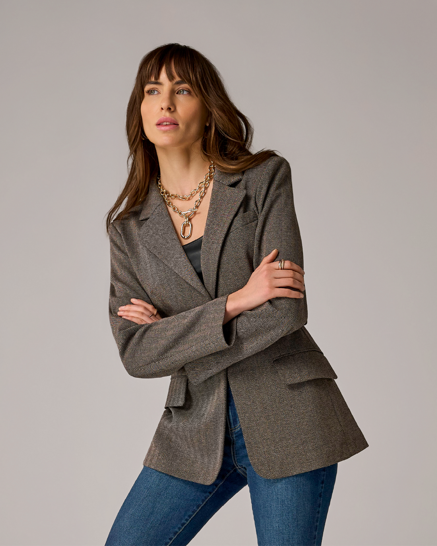 Stretch Jacquard Herringbone Belted Boyfriend Blazer Black Multi