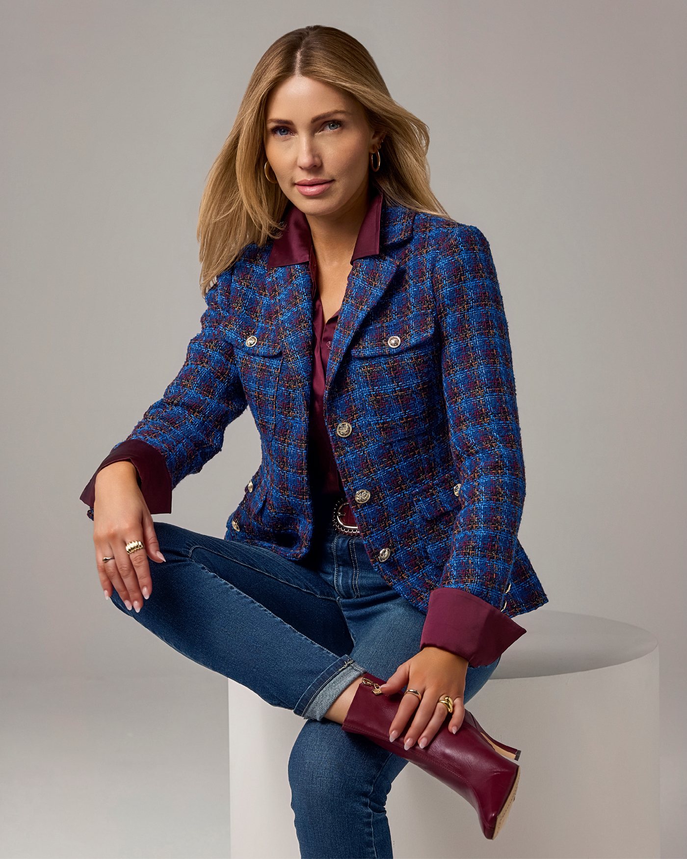 Tweed Cutaway Pocket Detail Jacket - Blue Multi | Boston Proper