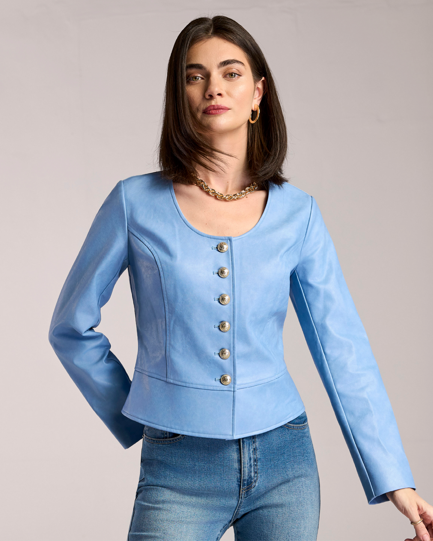Scoop Neck Button Front Peplum Faux Leather Jacket Allure
