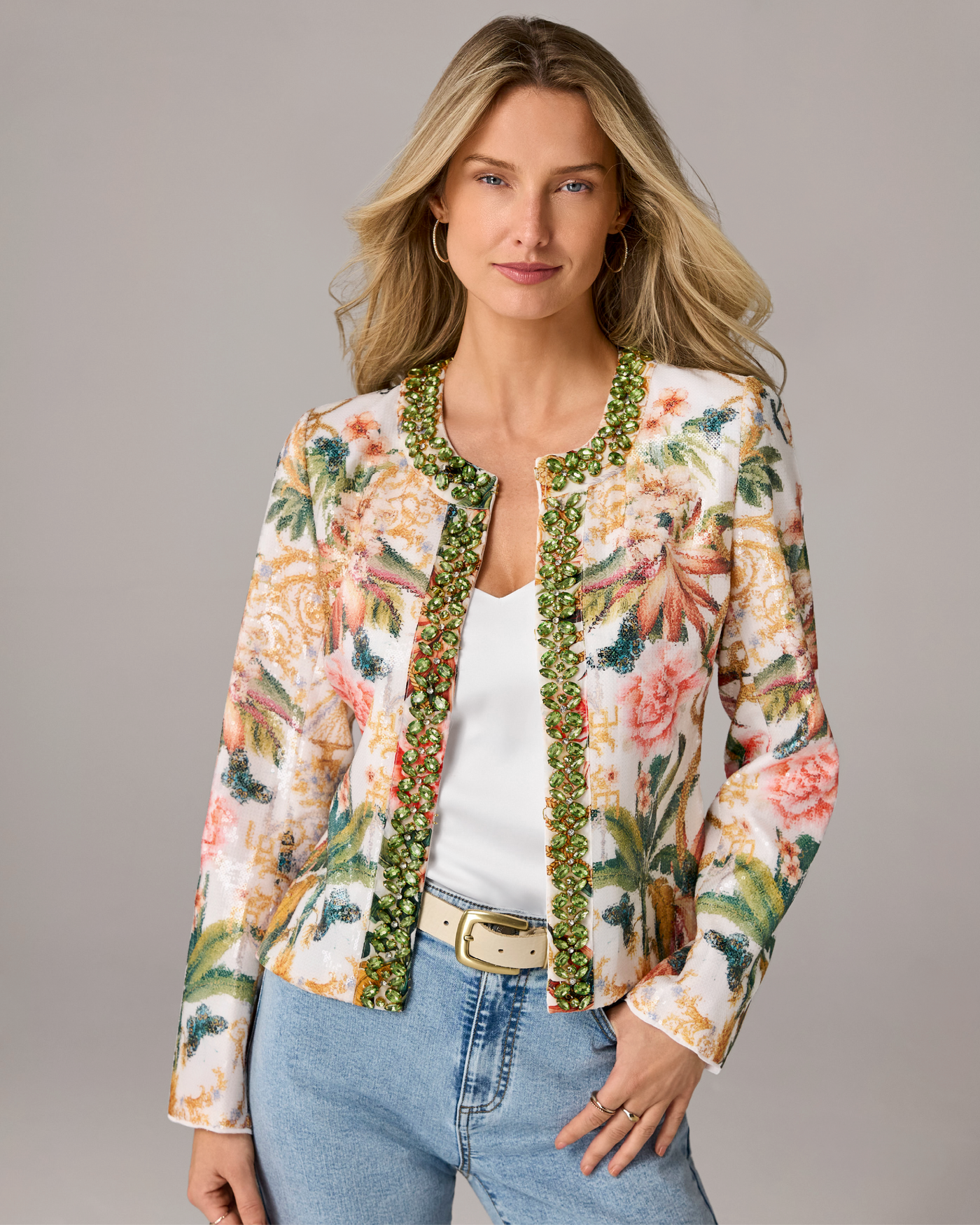 Tropical Printed Embellished Jacket Vacation at the Lotus
