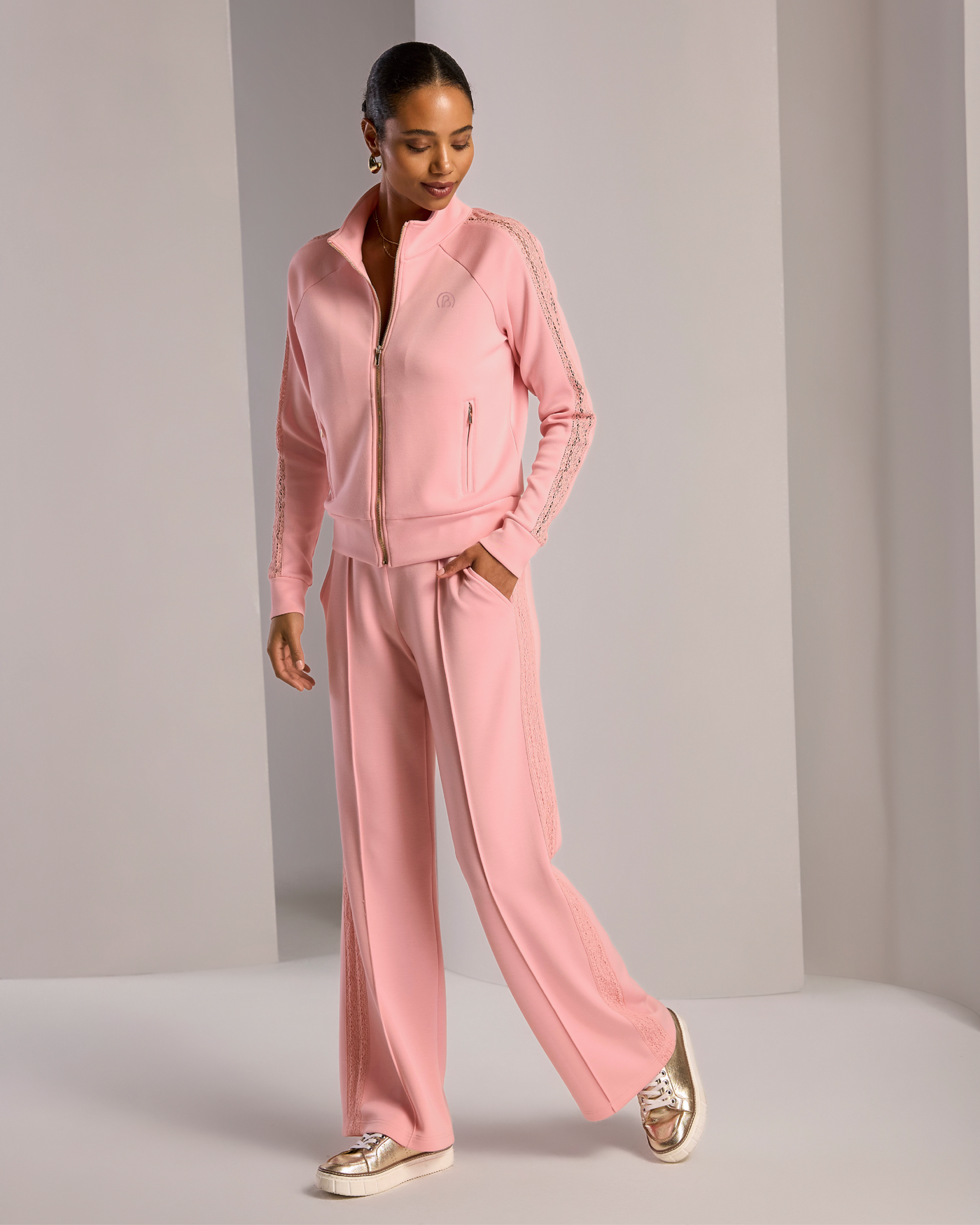 Lace Inset Luxe Lounge Track Set Coral Blush