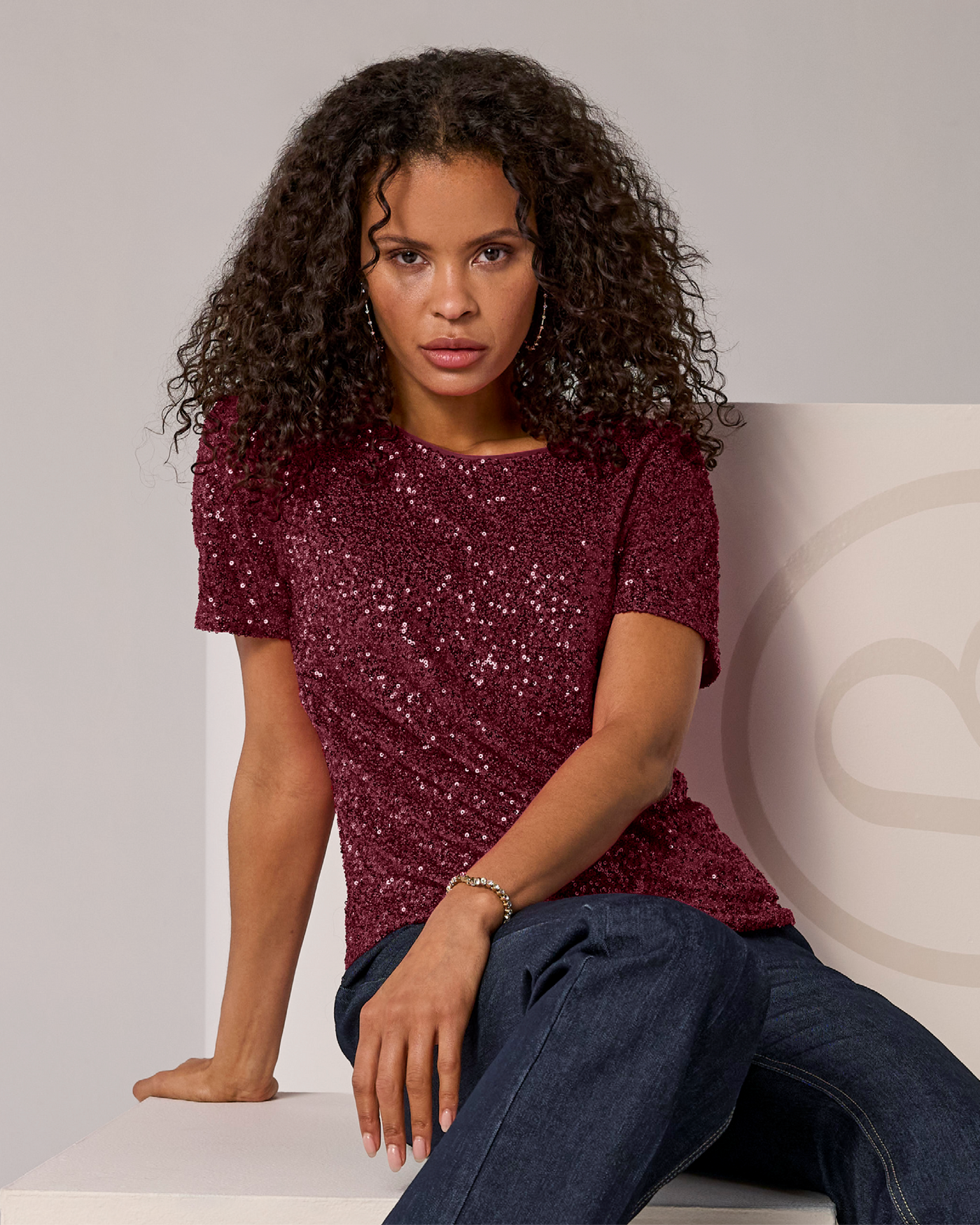 Short Sleeve Sequin Top Windsor Wine