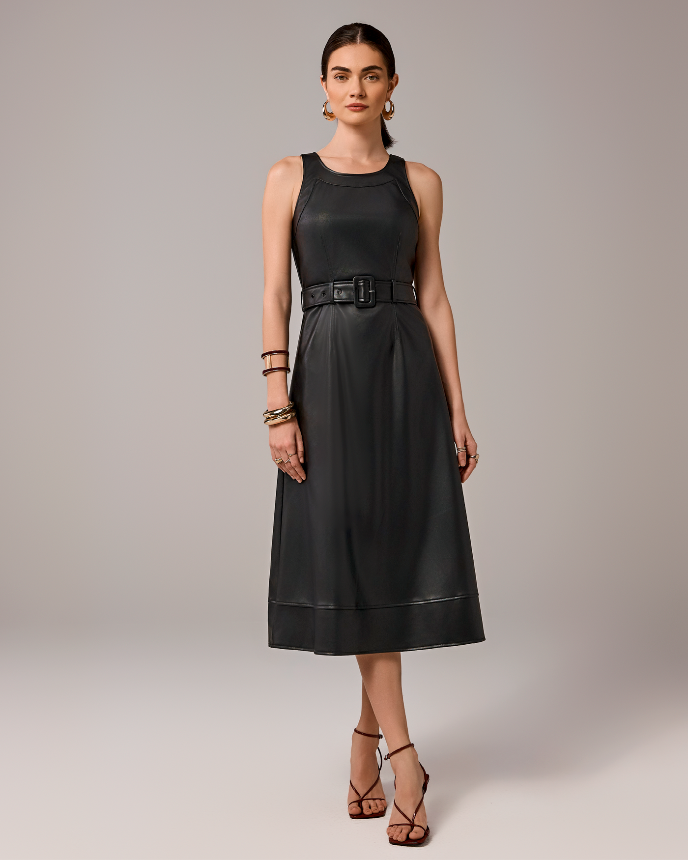 Faux Leather Belted High Neck Dress Proper Black