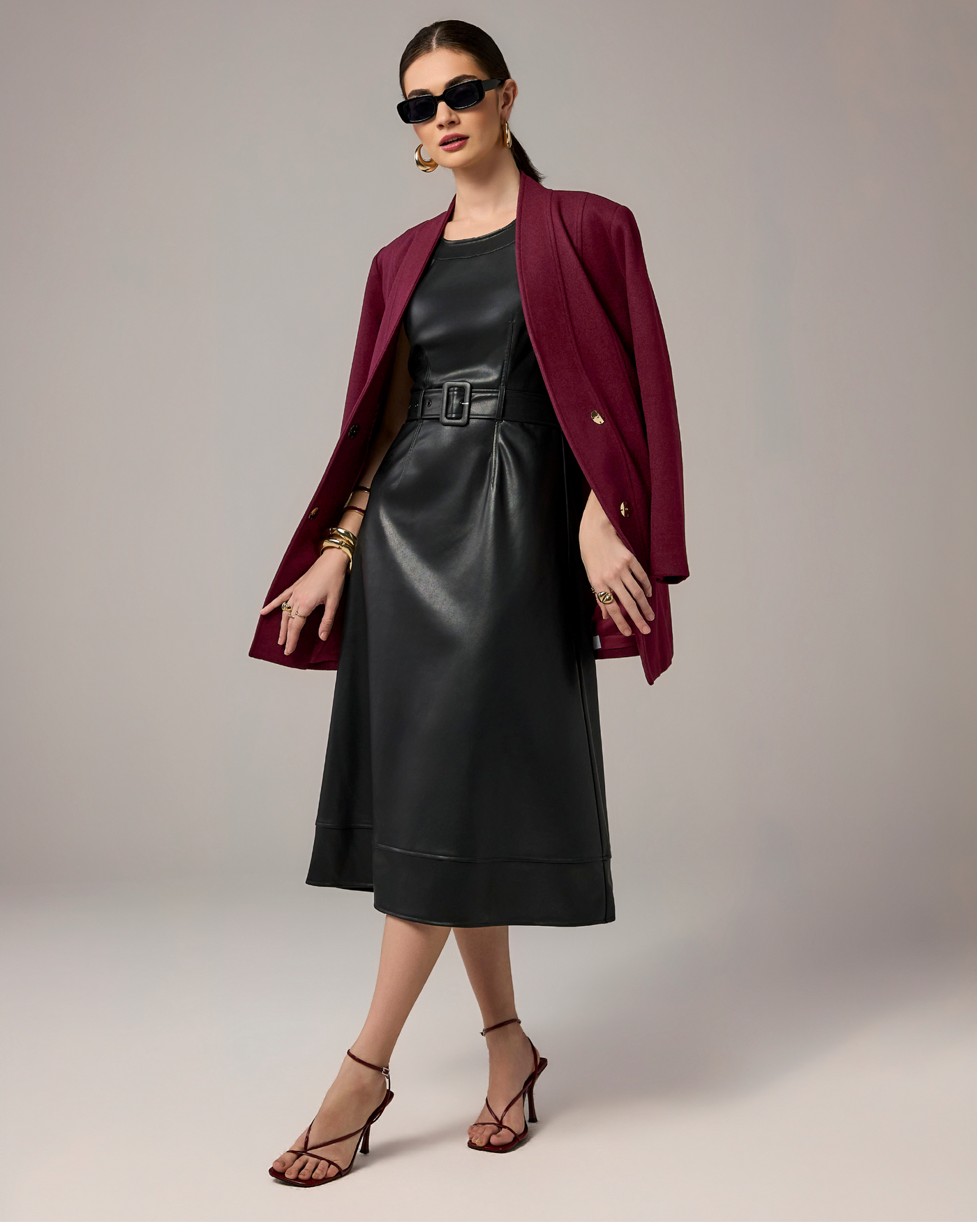 black leather belted dress Boston Proper - Proper - Faux High Neck Leather midi dresses