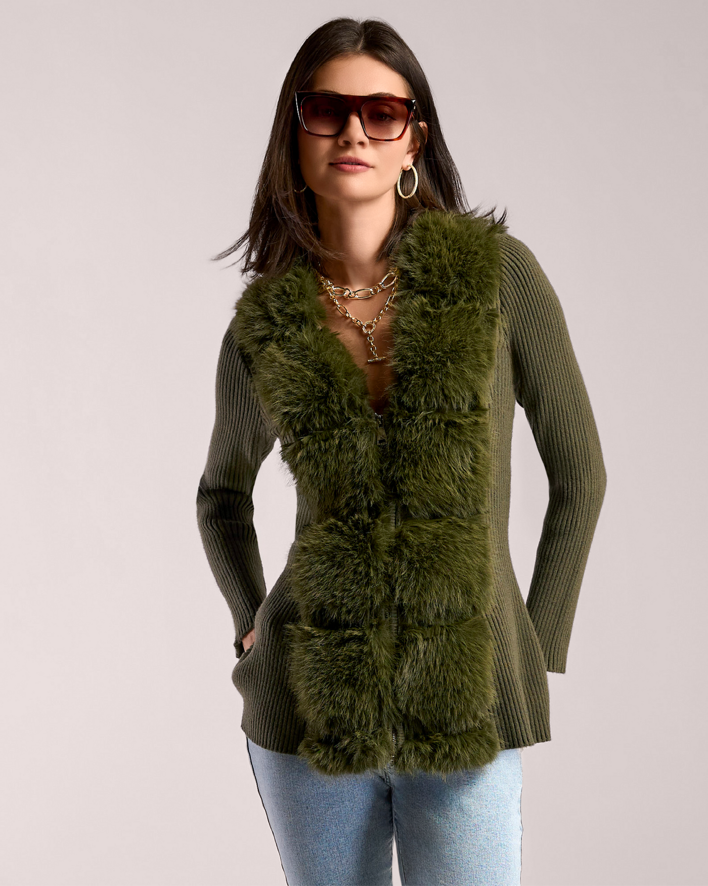 Channeled Faux Fur Detail Zip Up Sweater Olive Night