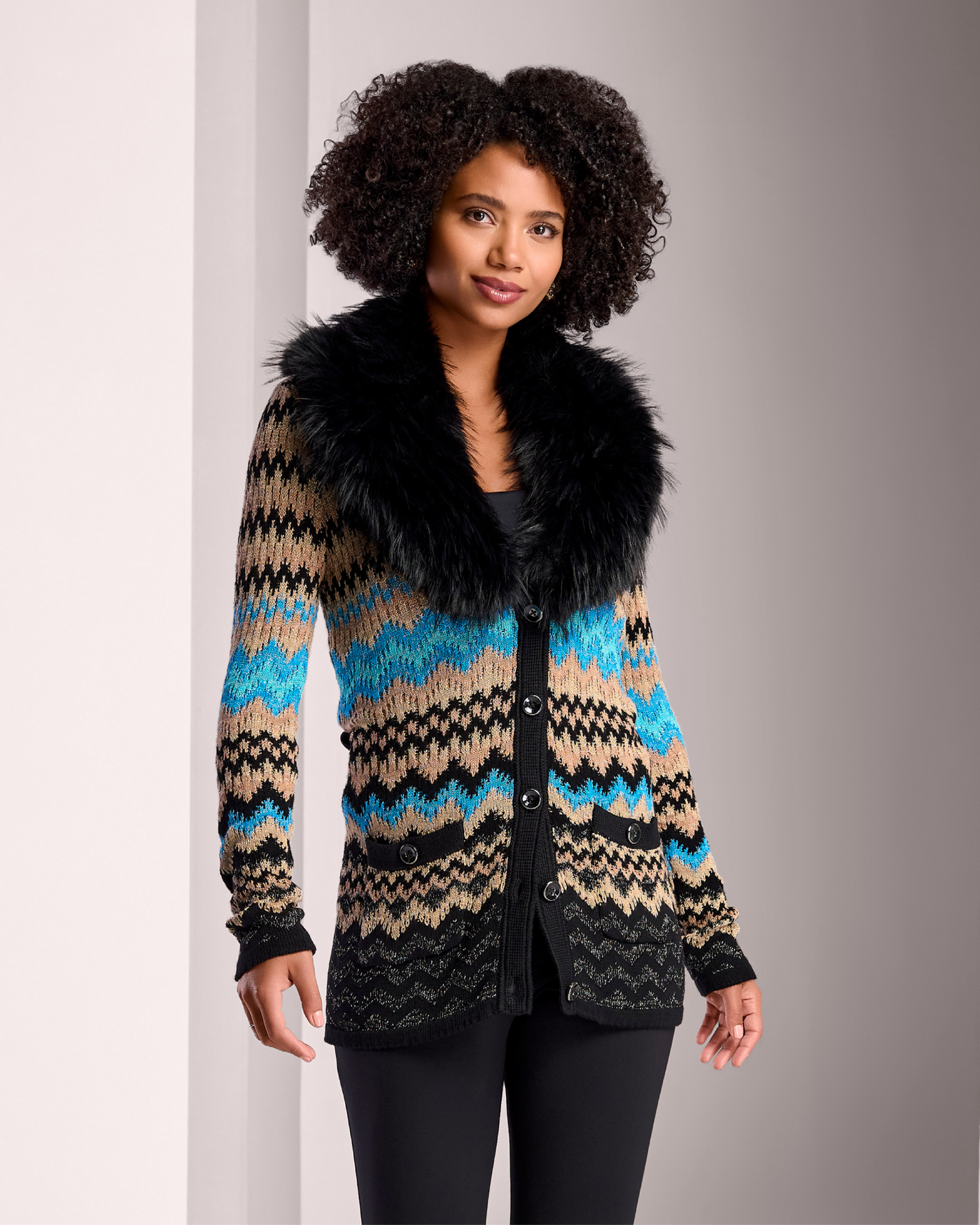 Fur Trimmed Intarsia Duster Black Multi