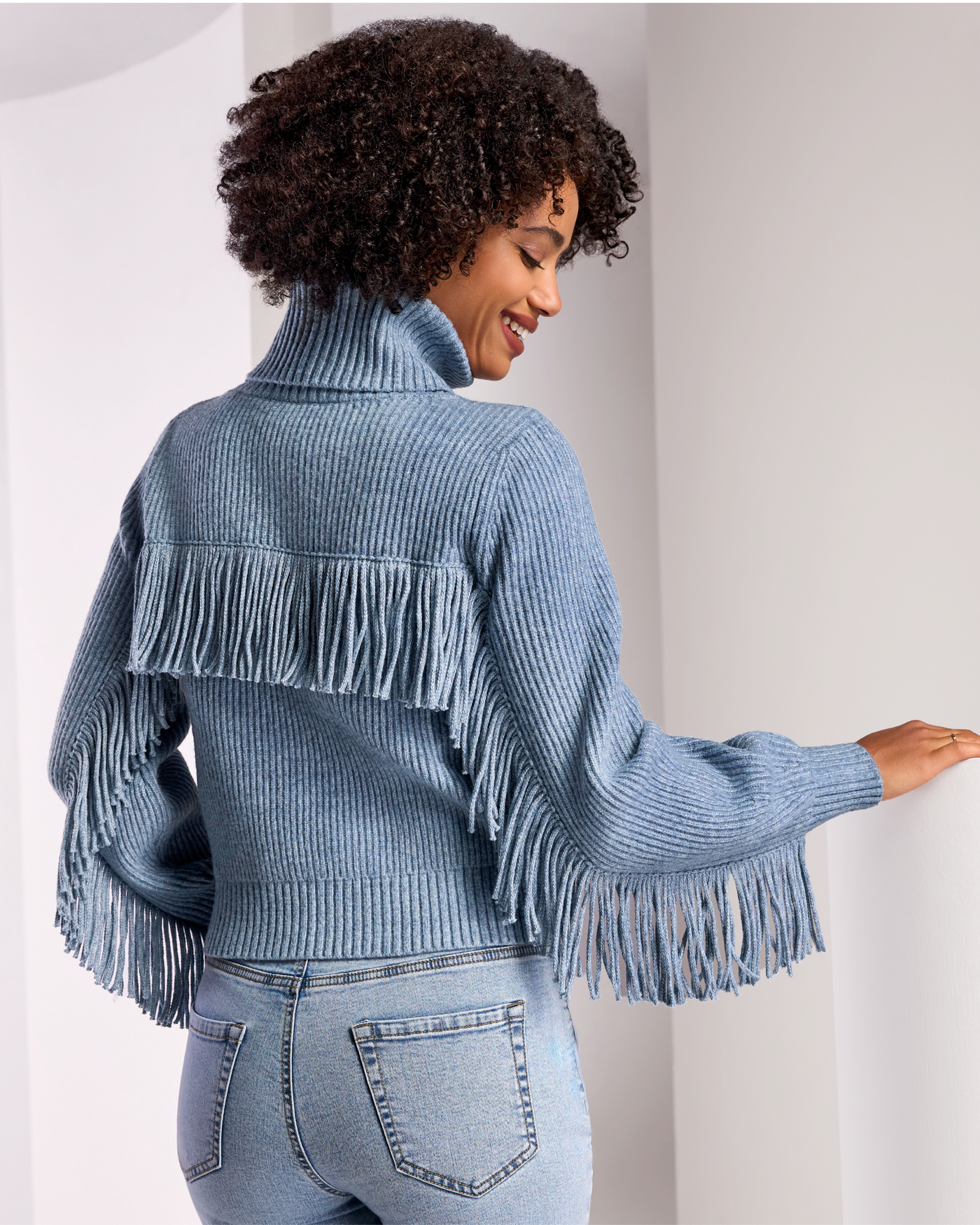 Fringe Sleeve Turtle Neck Sweater Airy Blue/White