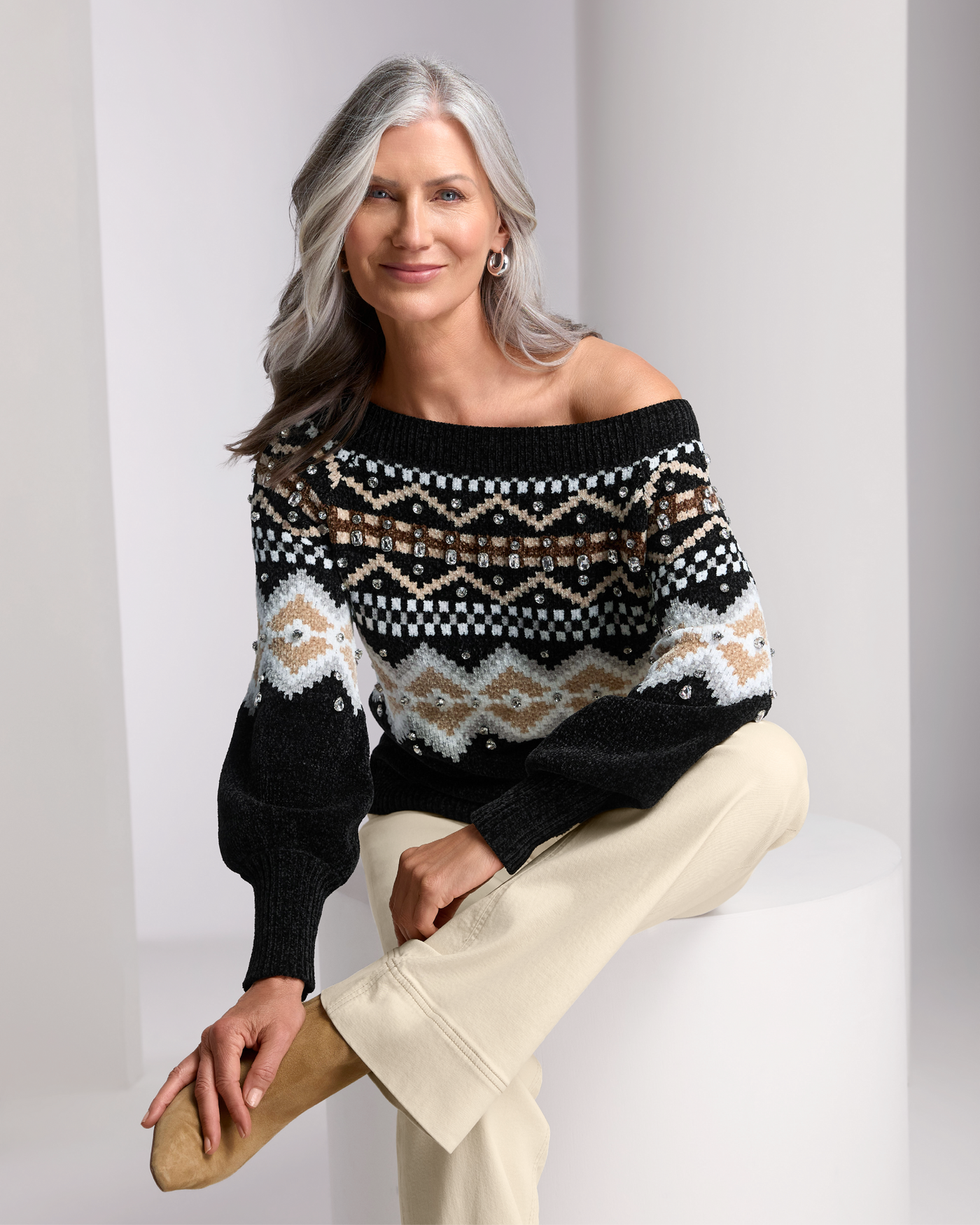 Embellished Fair Isle Slouchy Sweater Black Multi