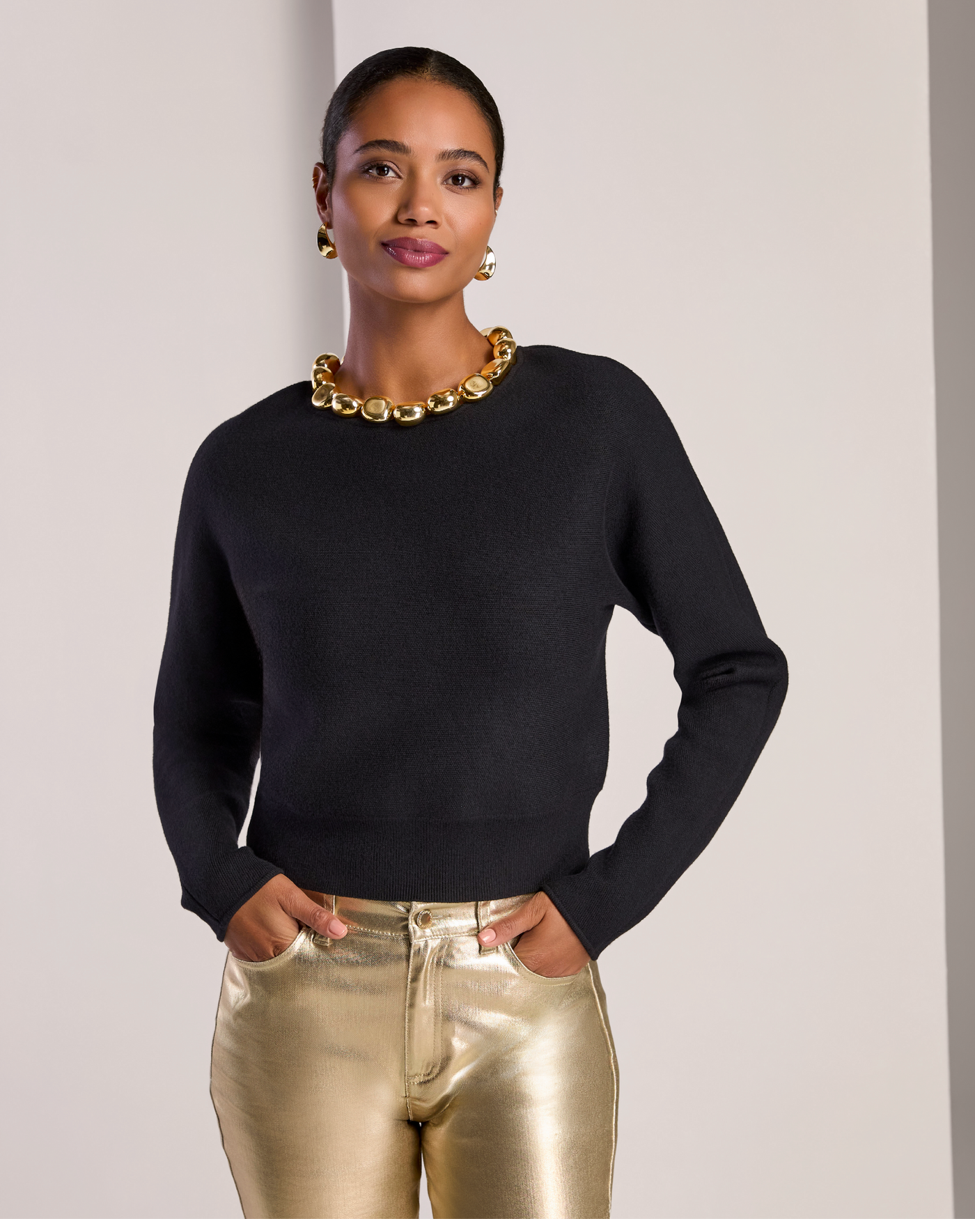 Necklace Trim Sweater Top Black