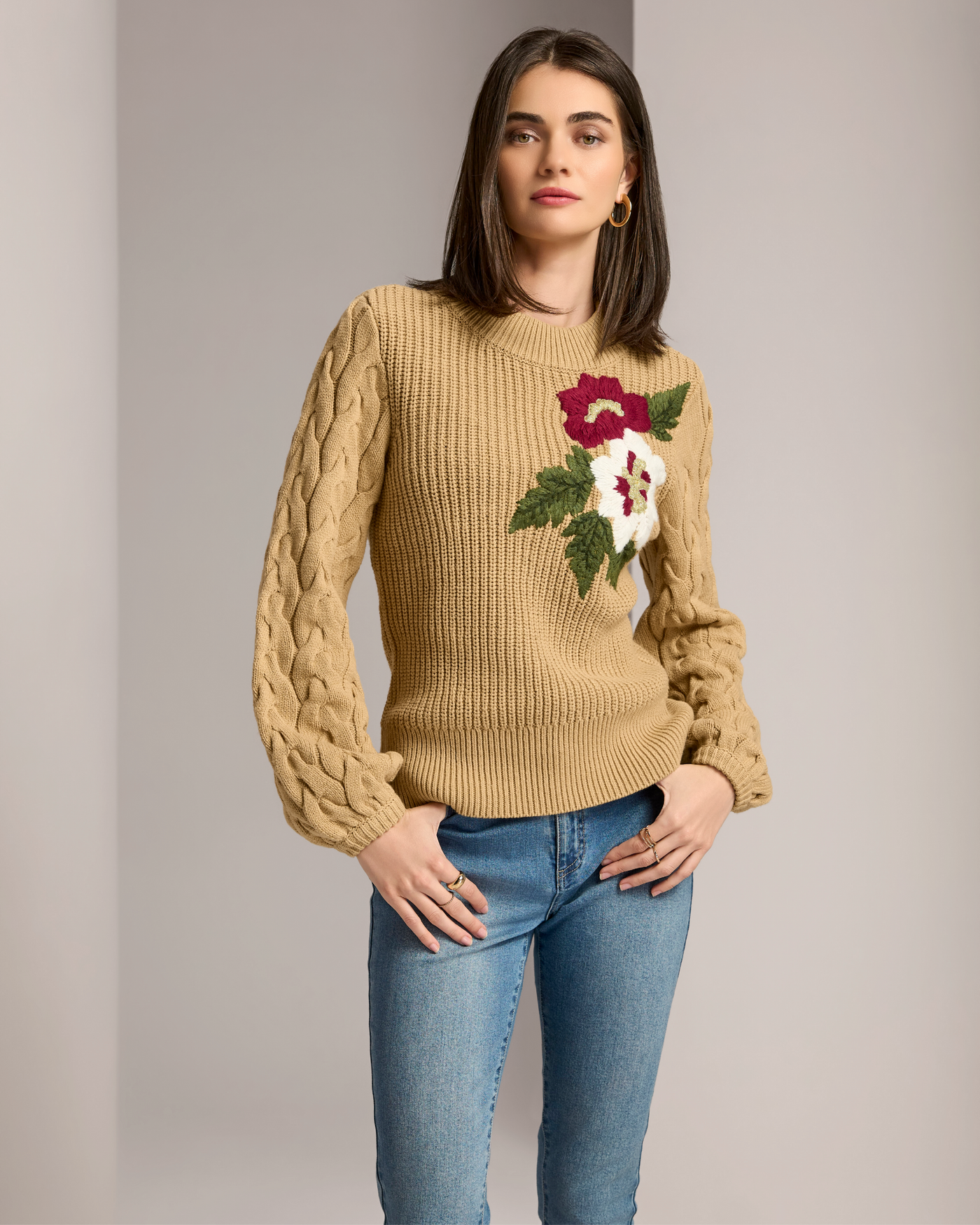 Embroidered Cable Puff Sleeve Sweater Cashmere Tan