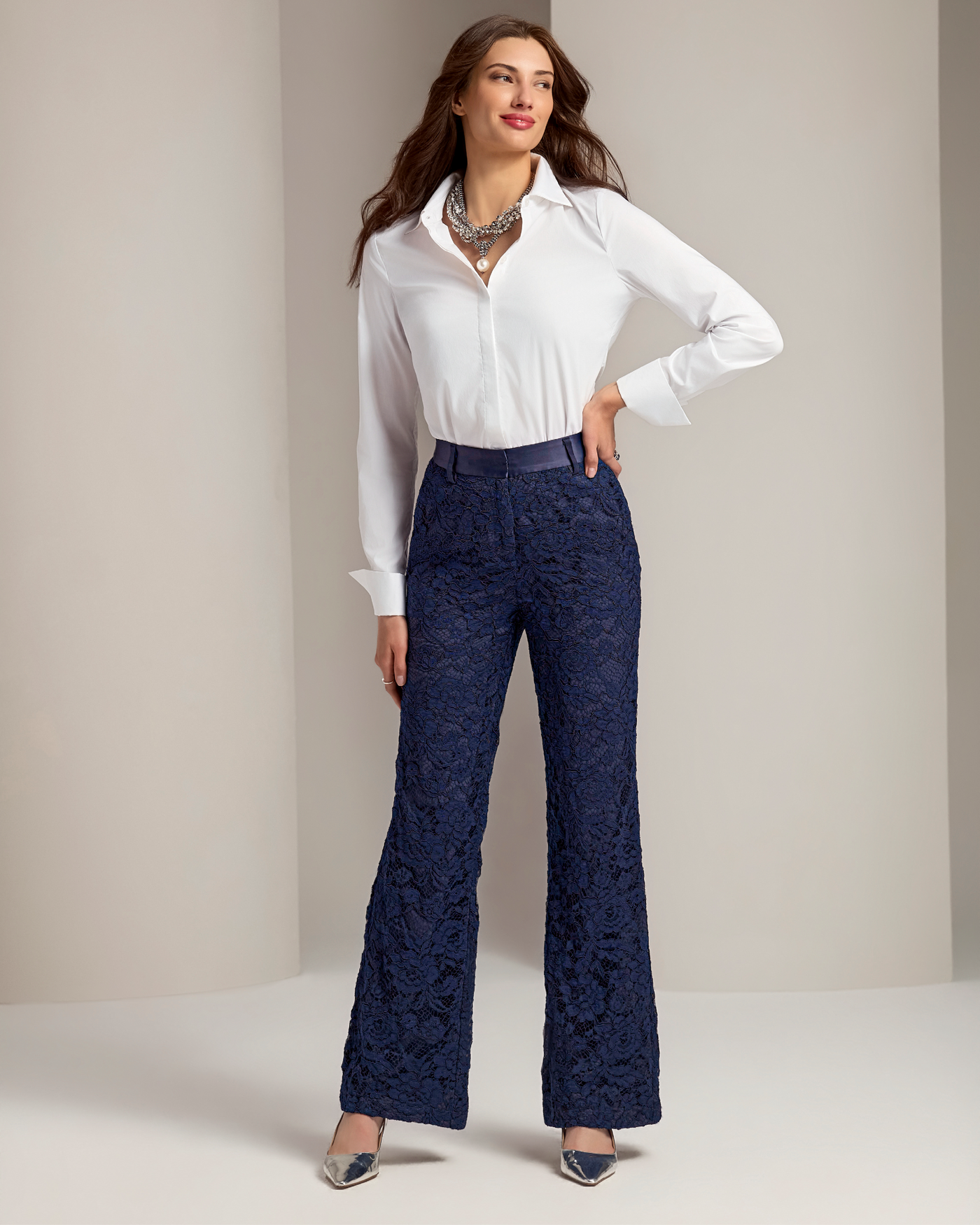Mixed Media Lace & Satin Wide Leg Trouser Pant Navy