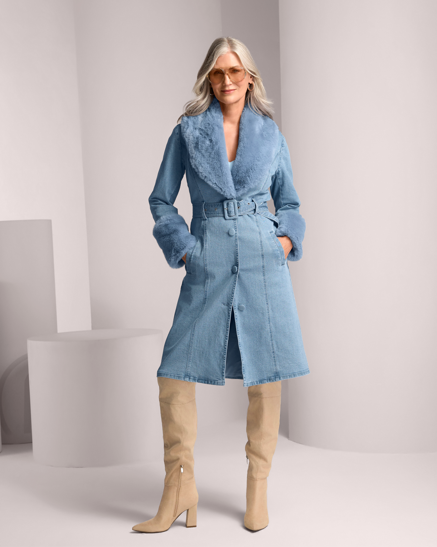 Fur Trimmed Denim Trench Denim/Medium Wash
