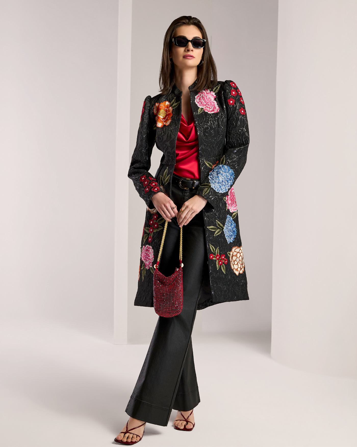 Exploded Floral Applique Embellished Brocade Jacket Black