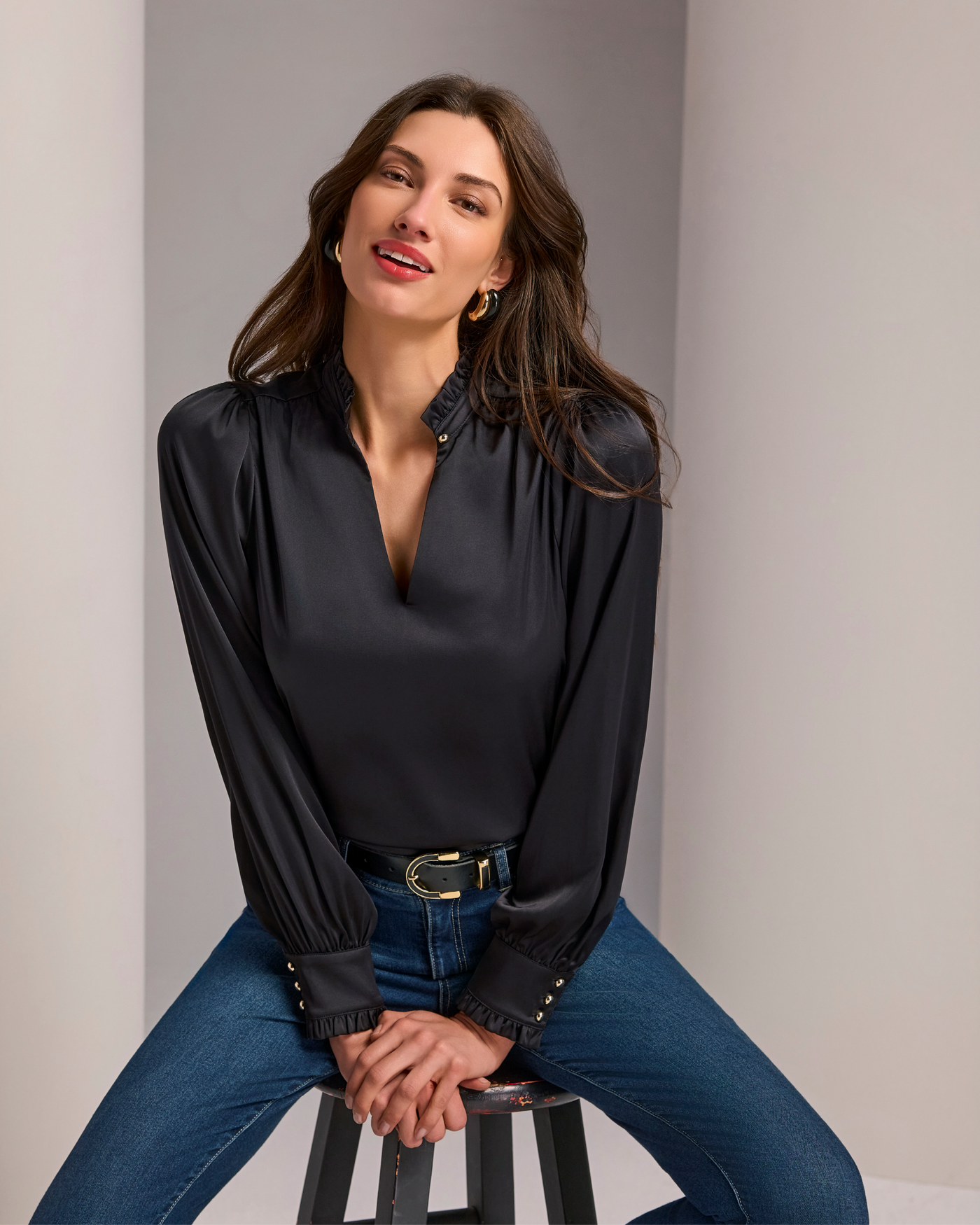 Charmeuse Ruffle Collar Long Sleeve Blouse Proper Black
