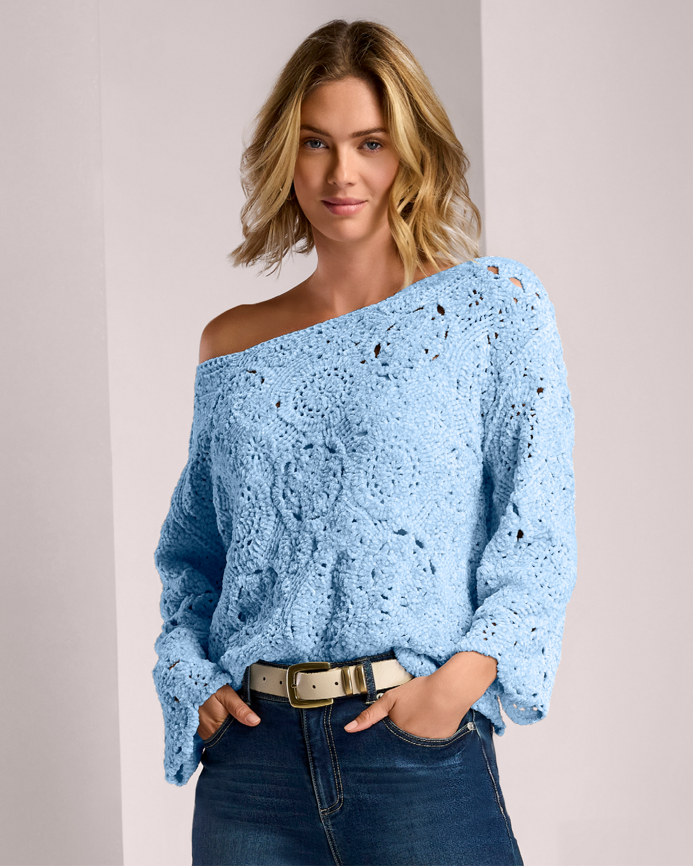 Chenille Crochet Boatneck Pull Over Sweater Airy Blue