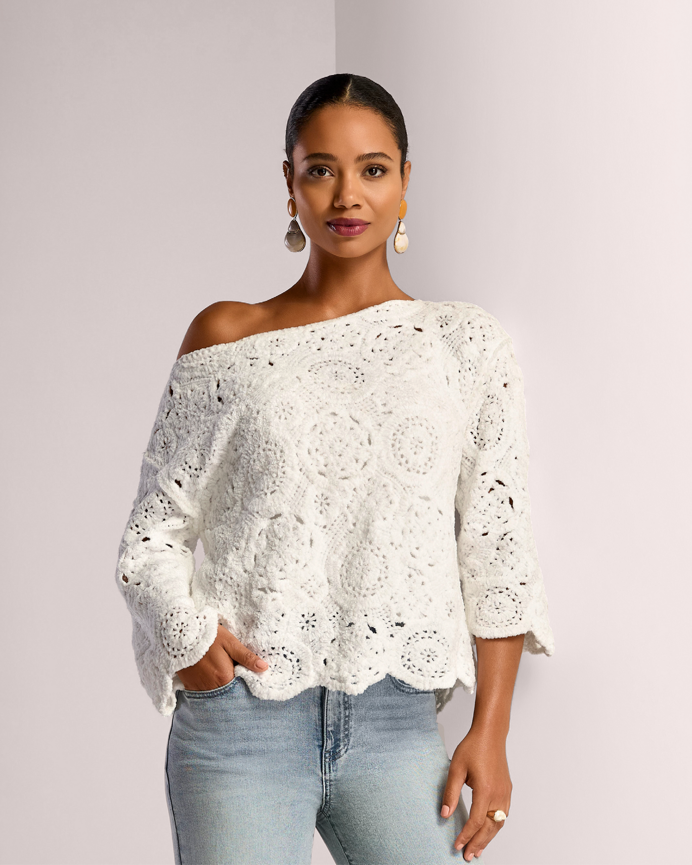 Chenille Crochet Boatneck Pull Over Sweater Off White