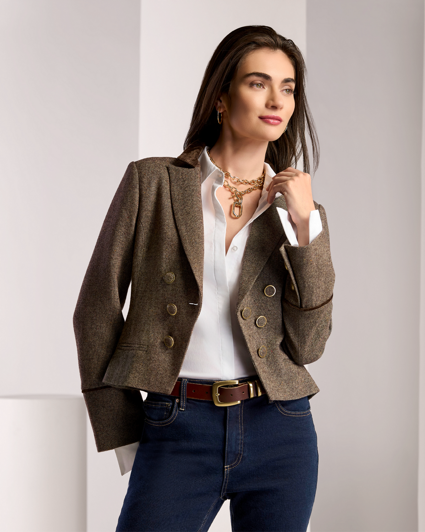 Cropped Tweed Blazer Brown Multi