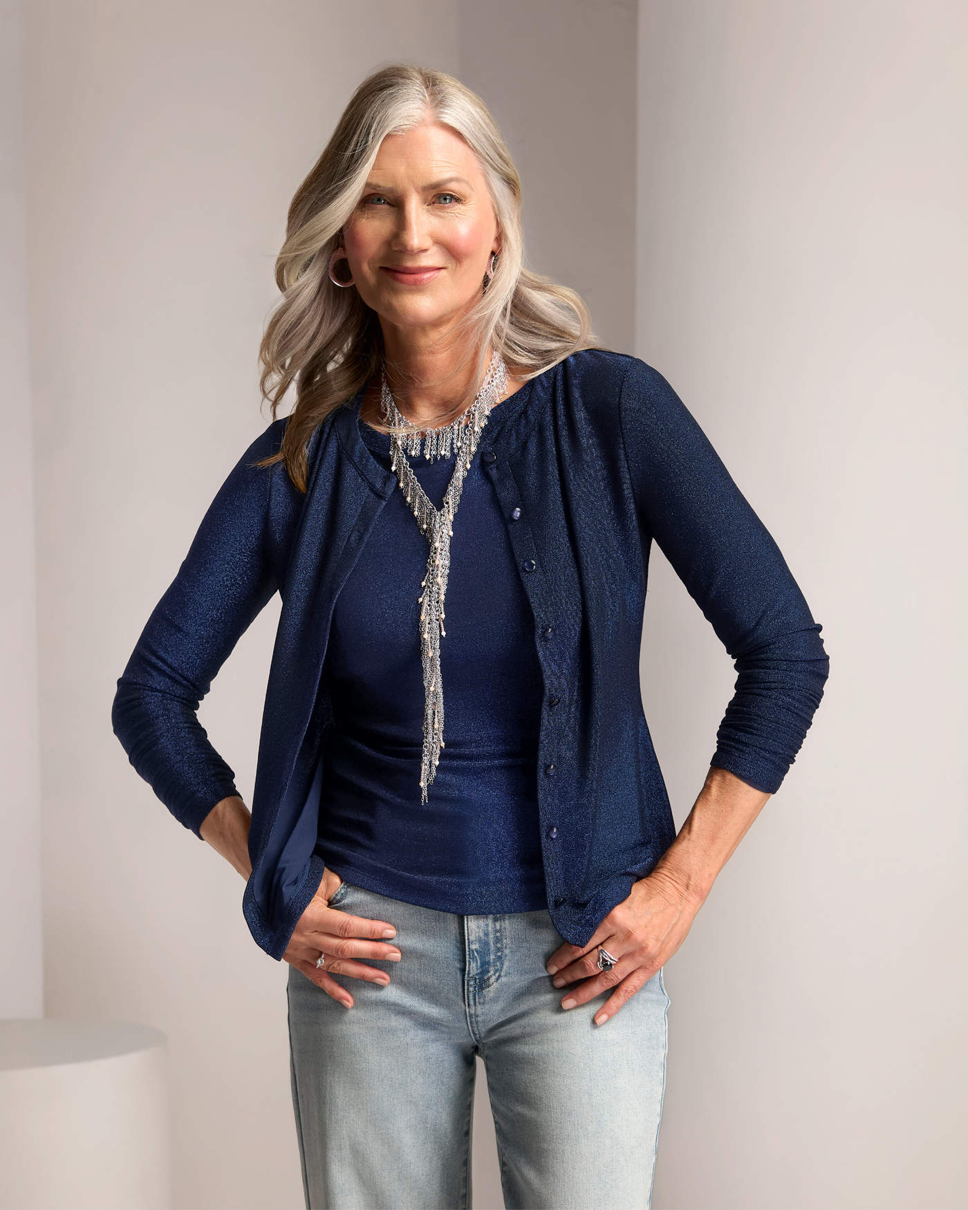 Shimmer Button Up Top Navy Blue