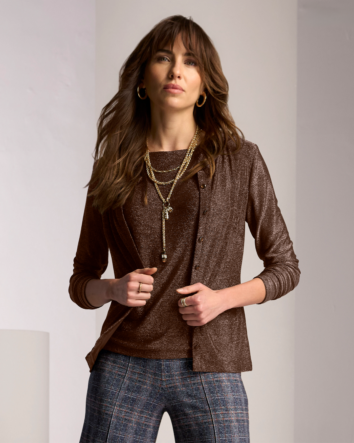 Shimmer Button Up Top Bronze Metallic