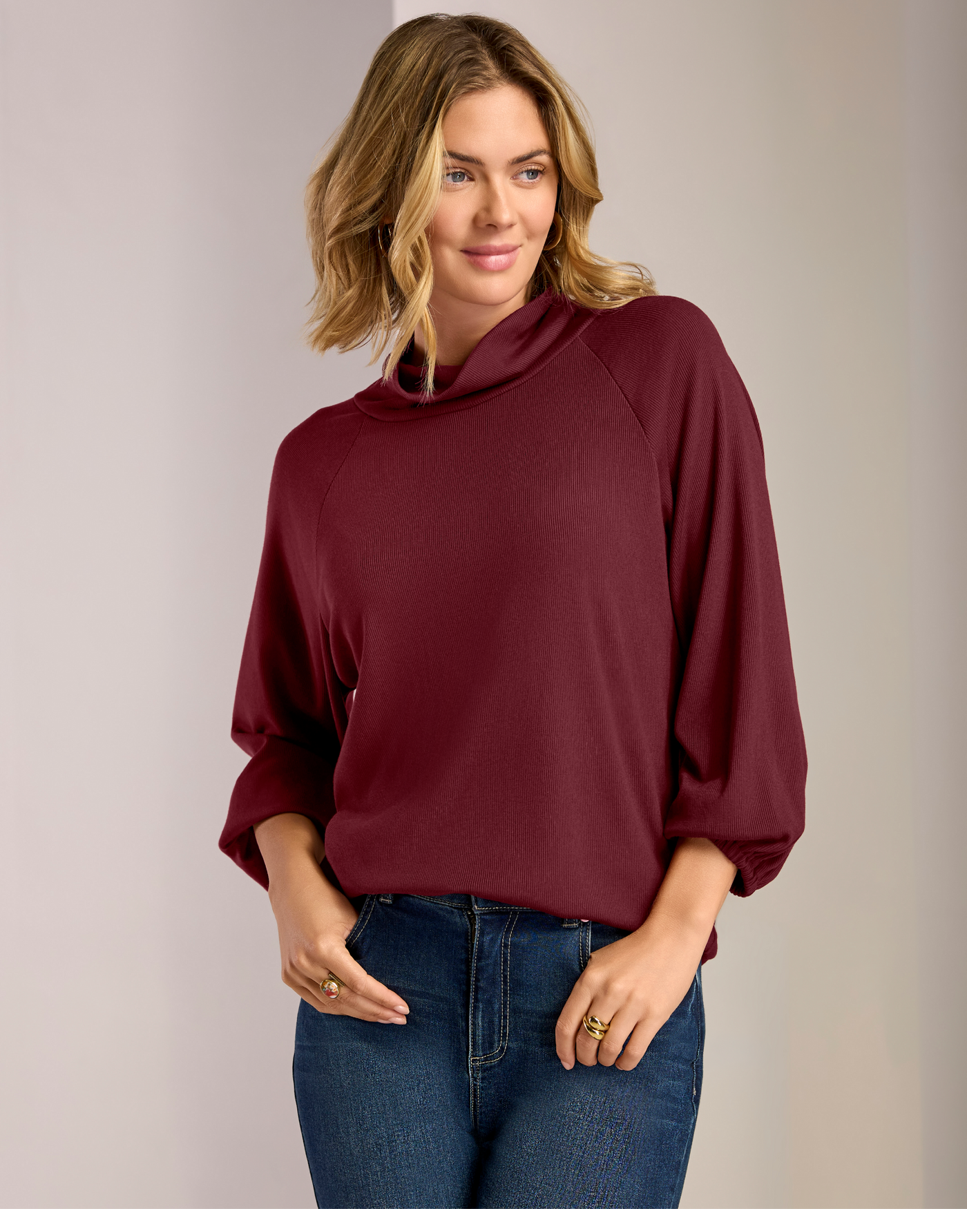 So Essential Ribbed Ruched Sleeve Turtle Neck Top Port