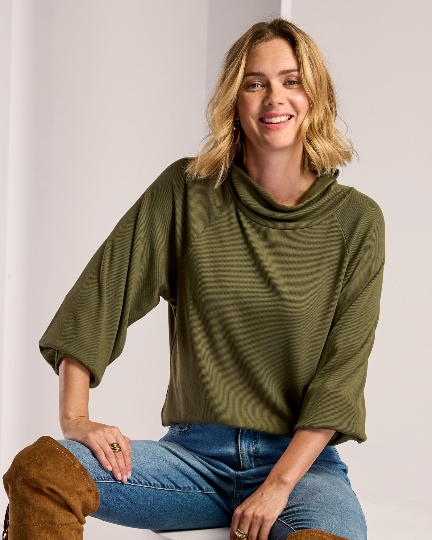 So Essential Ribbed Ruched Sleeve Turtle Neck Top Olive Night